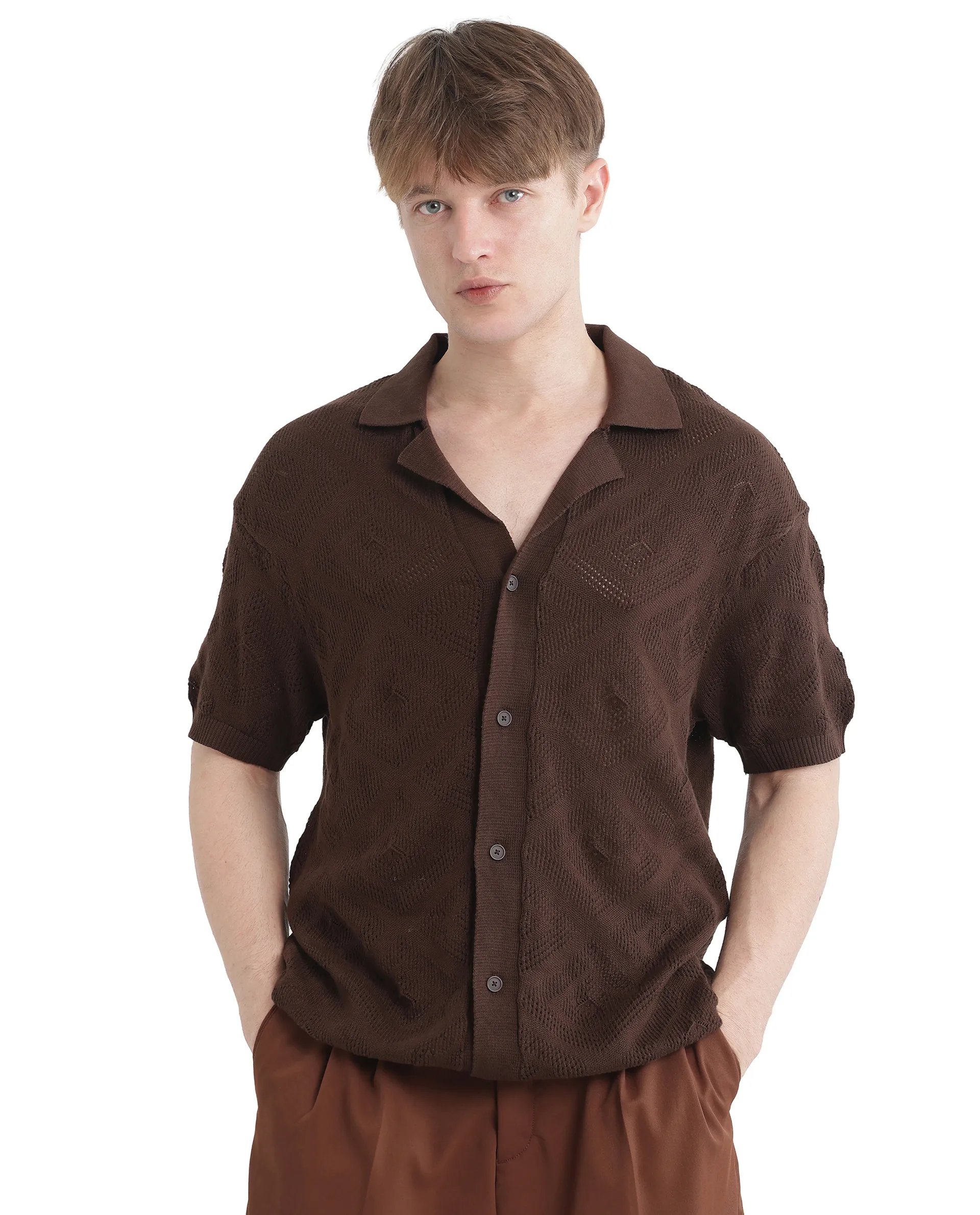 Rare Rabbit Men's Wats Brown Cotton Textured Boxy Fit Half Sleeve Cuban Collar Shirt - Image 5