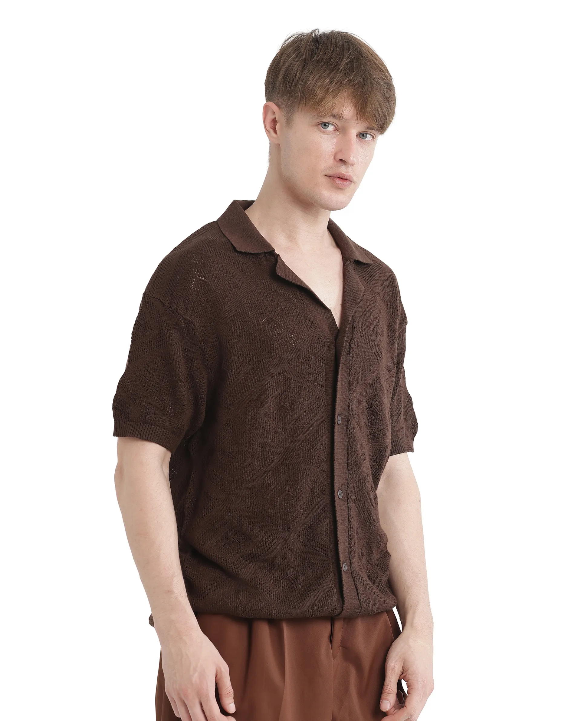 Rare Rabbit Men's Wats Brown Cotton Textured Boxy Fit Half Sleeve Cuban Collar Shirt - Image 6
