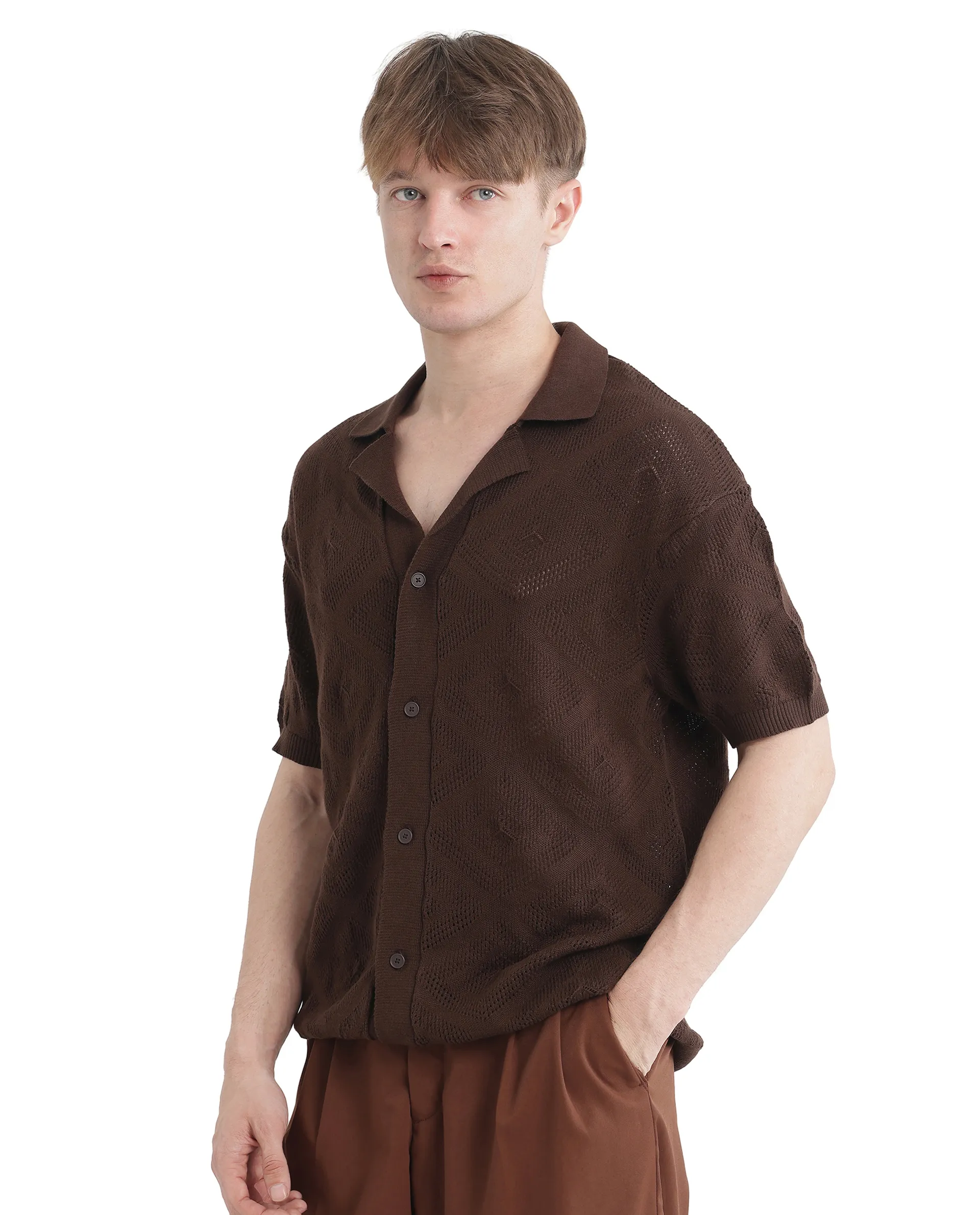 Rare Rabbit Men's Wats Brown Cotton Textured Boxy Fit Half Sleeve Cuban Collar Shirt - Image 7