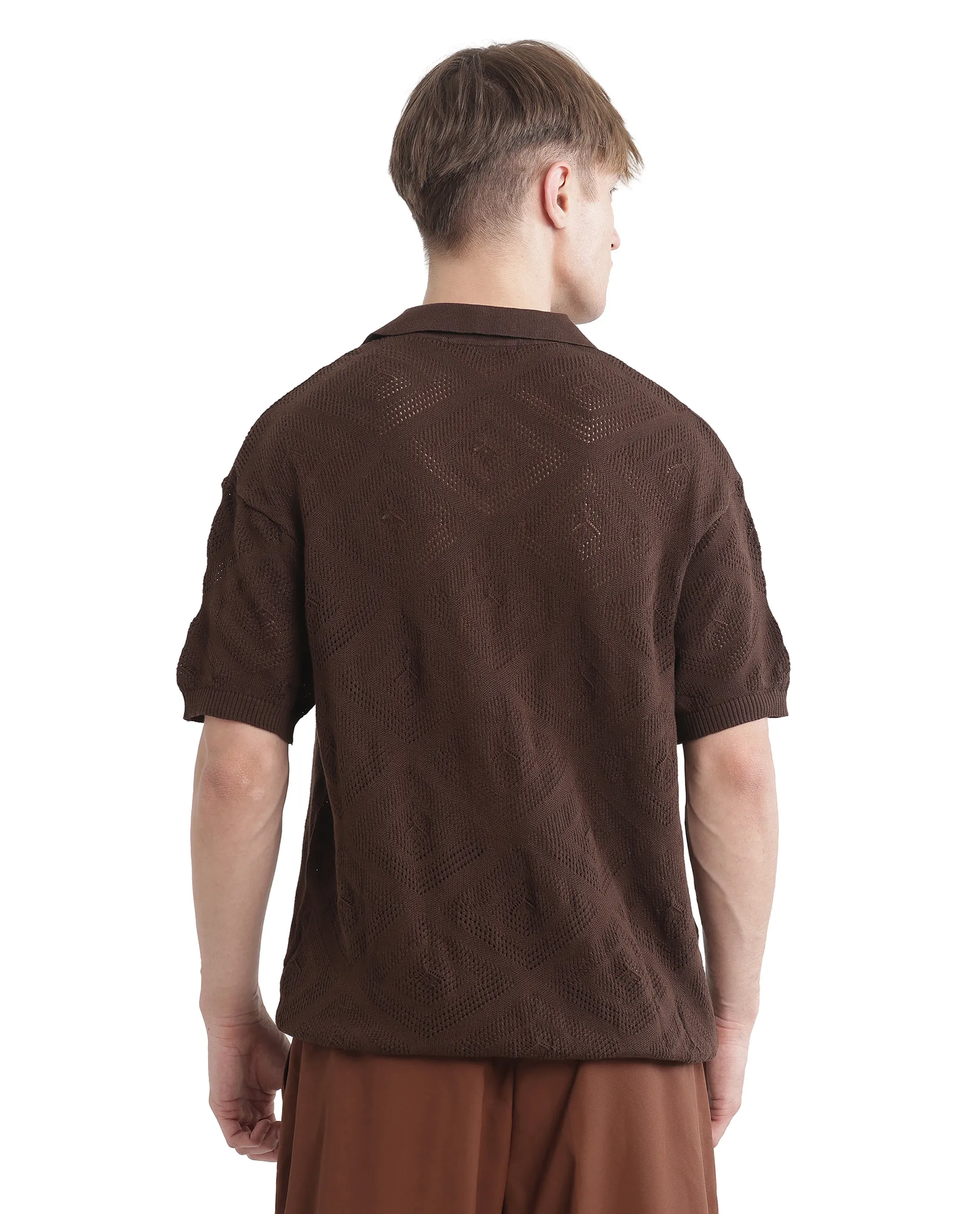 Rare Rabbit Men's Wats Brown Cotton Textured Boxy Fit Half Sleeve Cuban Collar Shirt - Image 8