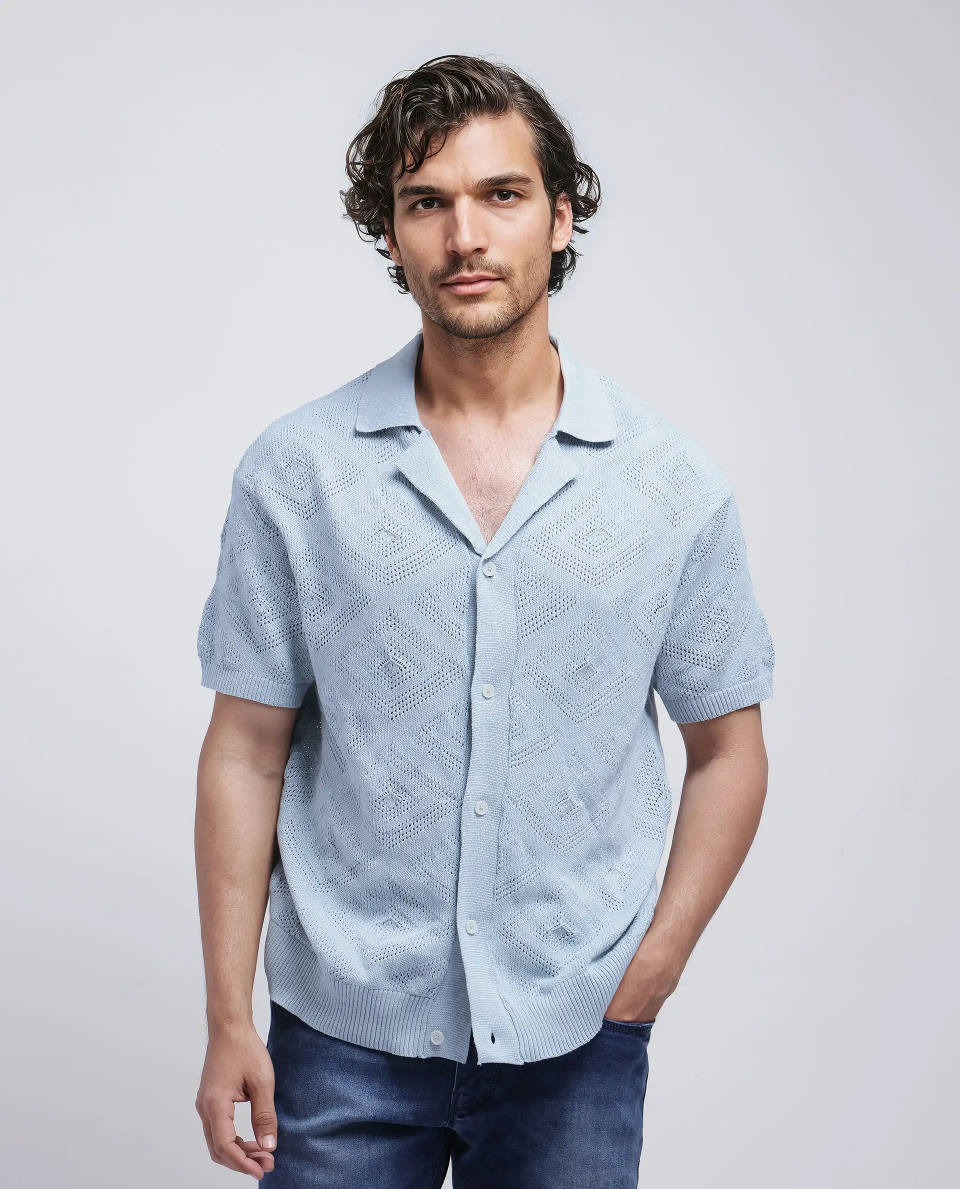 Rare Rabbit Men's Wats Dusky Blue Cotton Knitted Boxy Fit Half Sleeve Cuban Collar Shirt