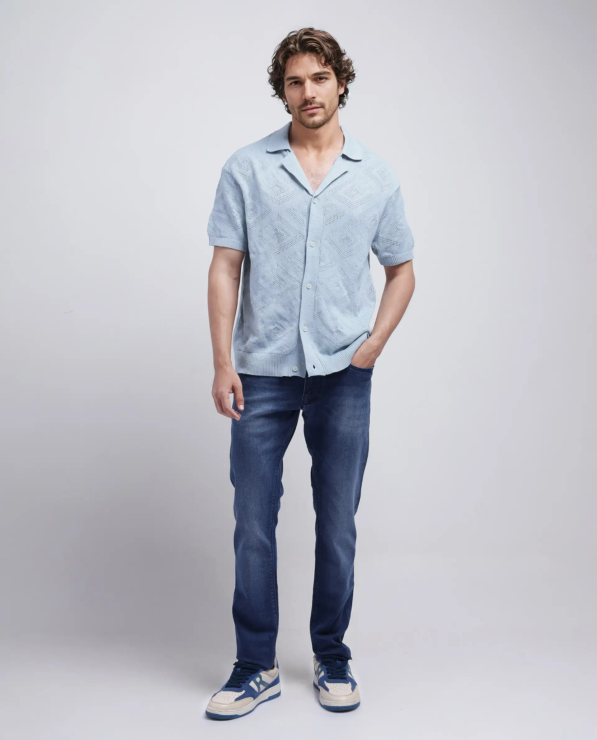 Rare Rabbit Men's Wats Dusky Blue Cotton Knitted Boxy Fit Half Sleeve Cuban Collar Shirt - Image 2