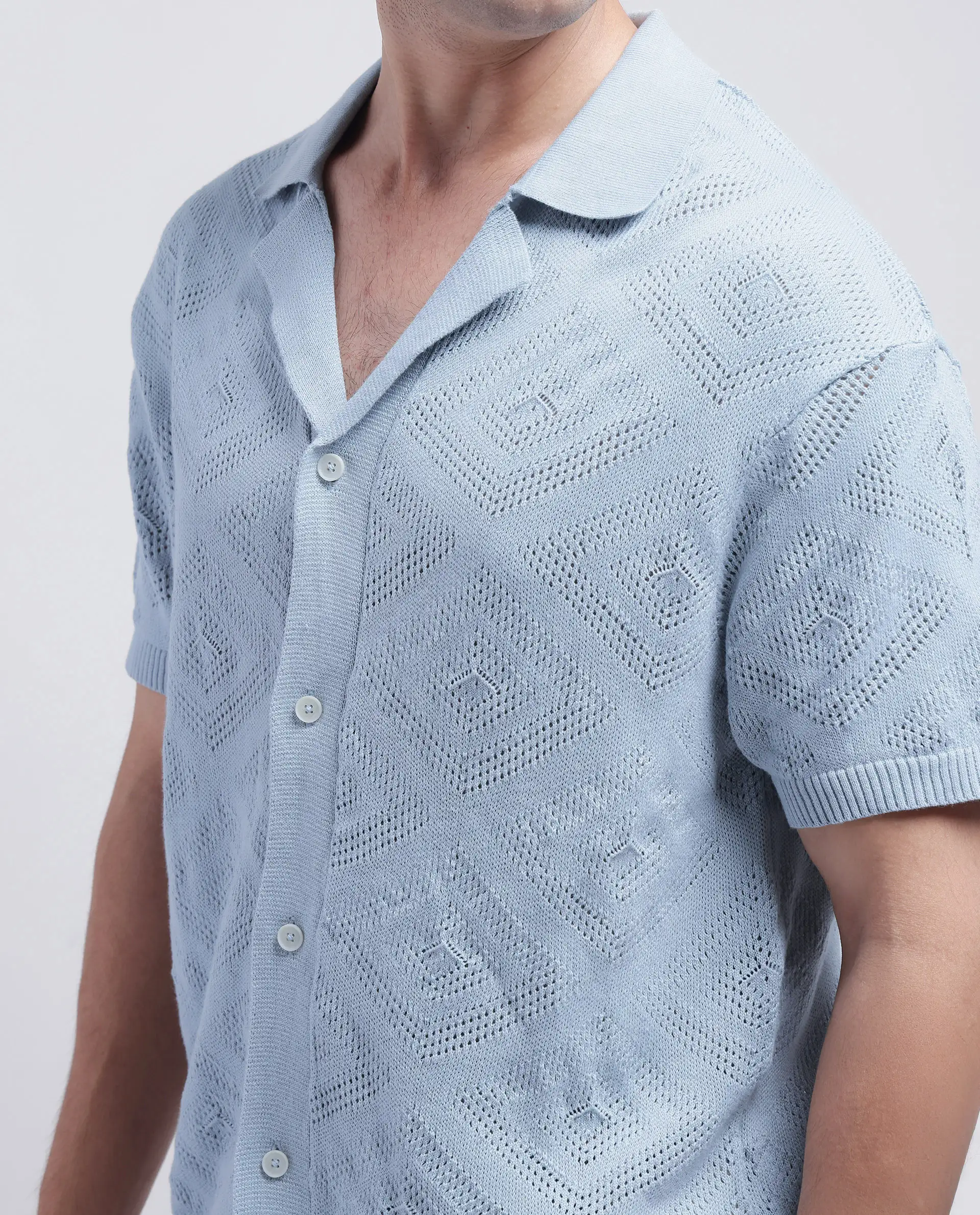 Rare Rabbit Men's Wats Dusky Blue Cotton Knitted Boxy Fit Half Sleeve Cuban Collar Shirt - Image 3