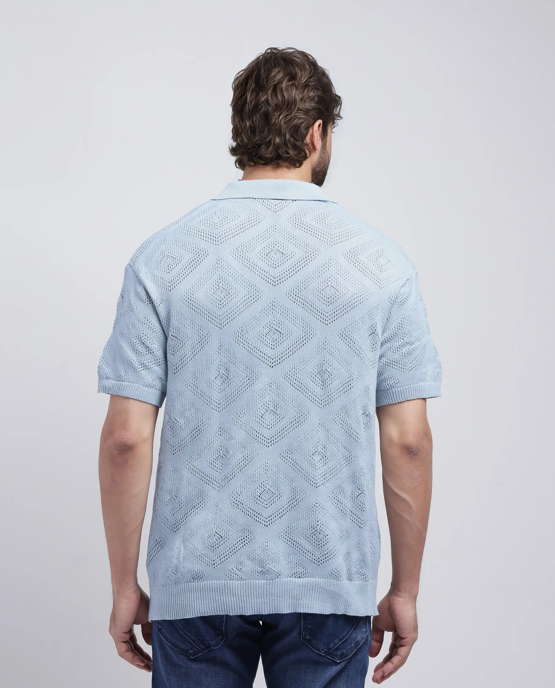 Rare Rabbit Men's Wats Dusky Blue Cotton Knitted Boxy Fit Half Sleeve Cuban Collar Shirt - Image 4