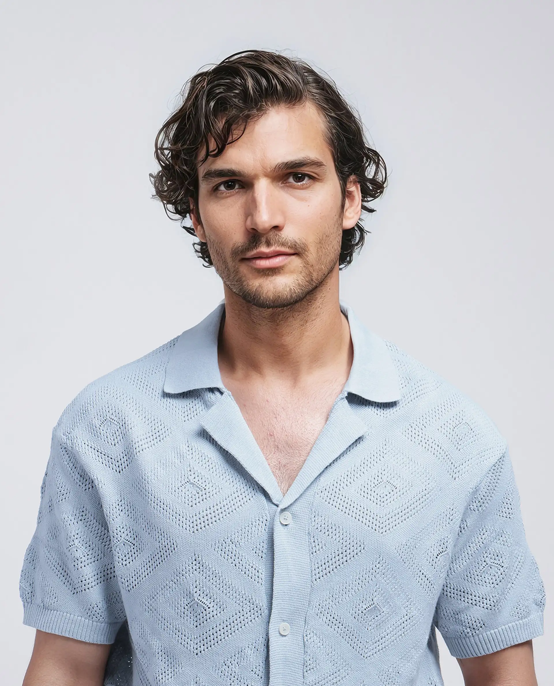 Rare Rabbit Men's Wats Dusky Blue Cotton Knitted Boxy Fit Half Sleeve Cuban Collar Shirt - Image 5