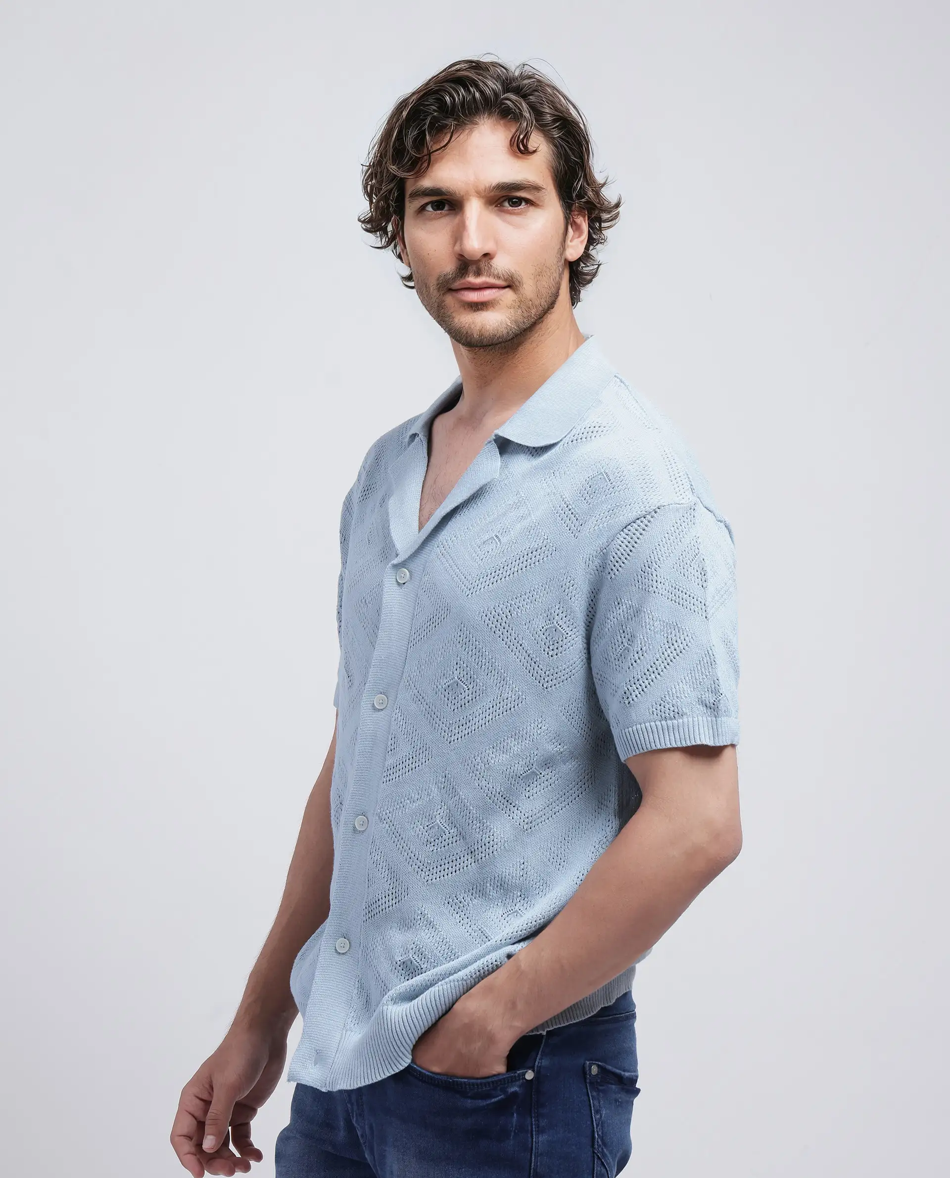 Rare Rabbit Men's Wats Dusky Blue Cotton Knitted Boxy Fit Half Sleeve Cuban Collar Shirt - Image 6