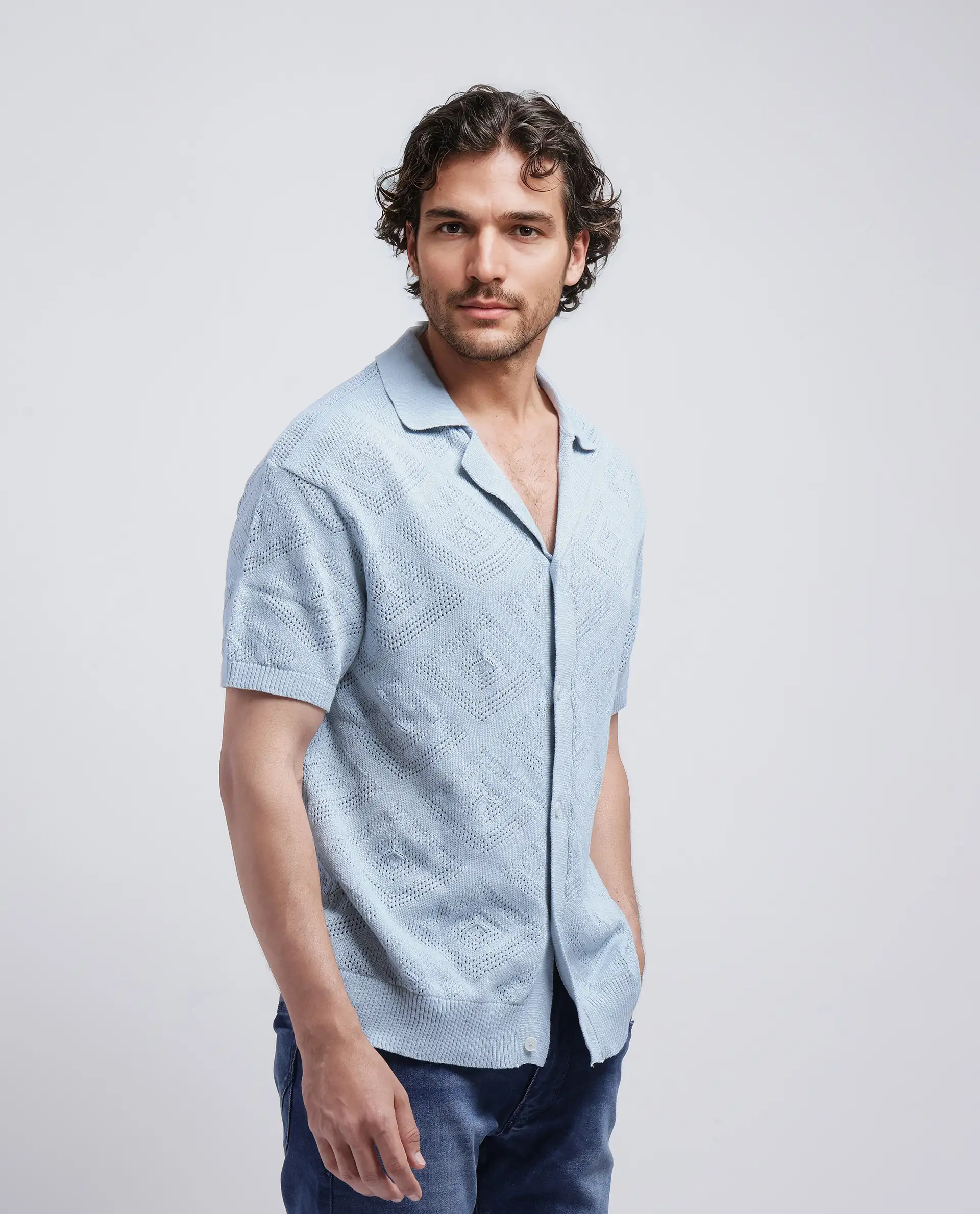 Rare Rabbit Men's Wats Dusky Blue Cotton Knitted Boxy Fit Half Sleeve Cuban Collar Shirt - Image 7