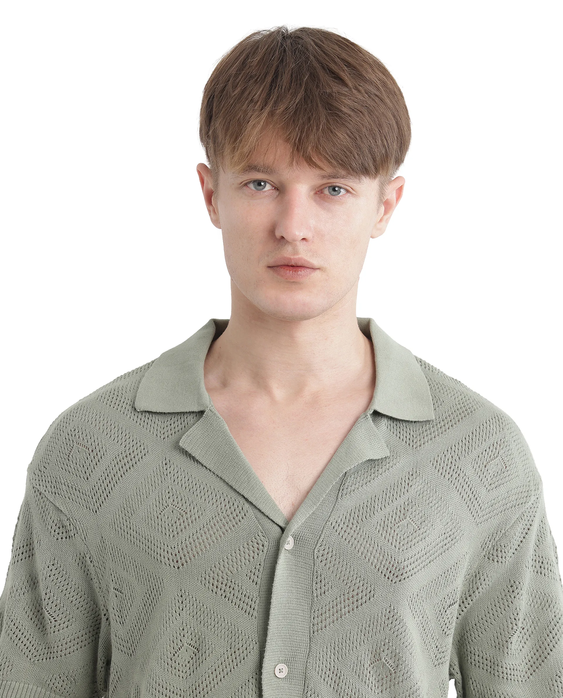 Rare Rabbit Men's Wats Dusky Green Cotton Textured Boxy Fit Half Sleeve Cuban Collar Shirt - Image 3