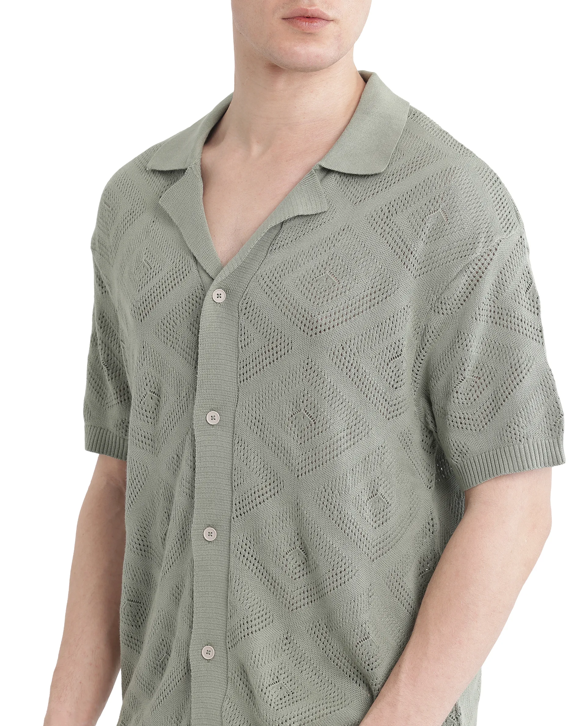 Rare Rabbit Men's Wats Dusky Green Cotton Textured Boxy Fit Half Sleeve Cuban Collar Shirt - Image 4