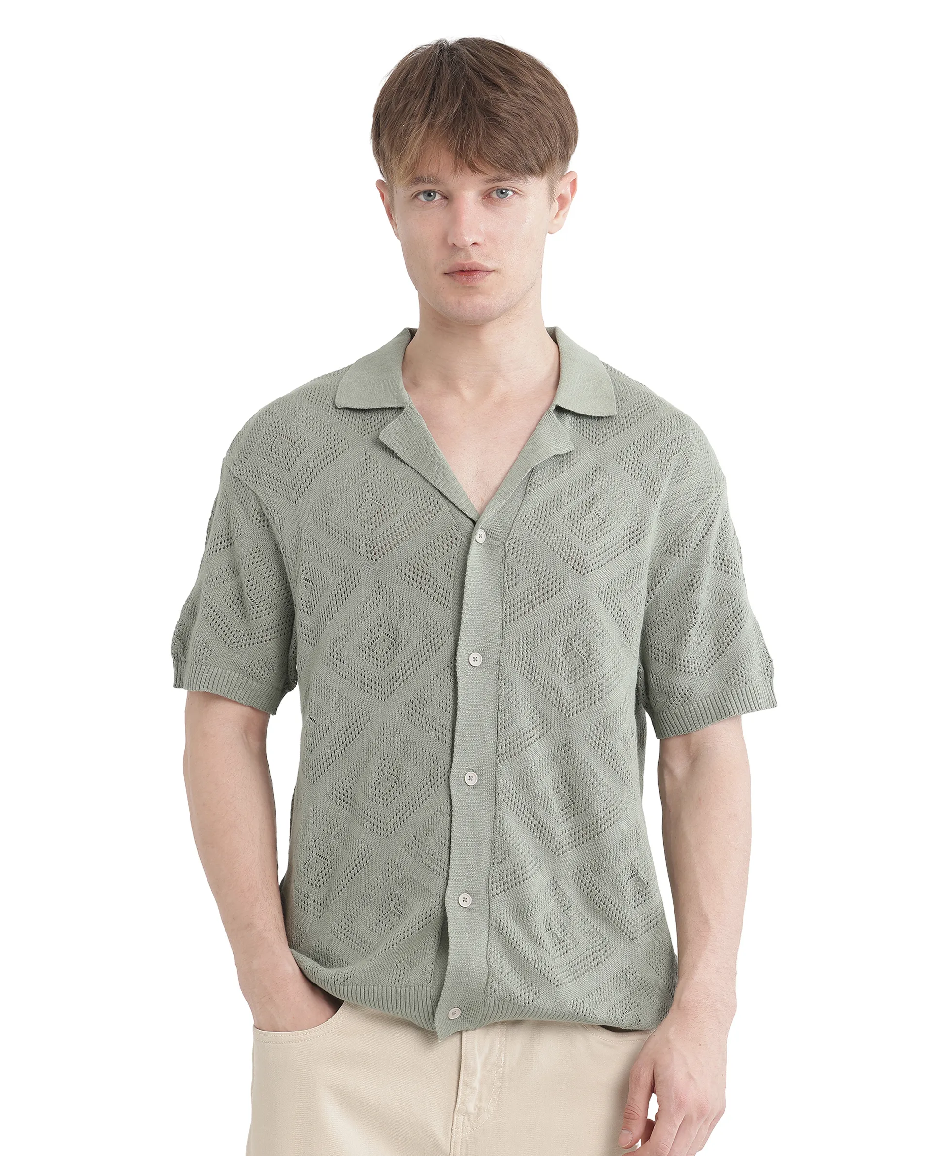 Rare Rabbit Men's Wats Dusky Green Cotton Textured Boxy Fit Half Sleeve Cuban Collar Shirt - Image 5
