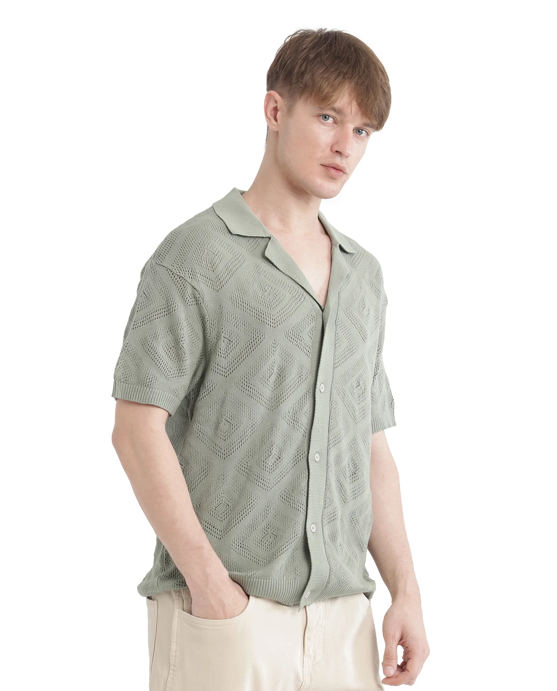 Rare Rabbit Men's Wats Dusky Green Cotton Textured Boxy Fit Half Sleeve Cuban Collar Shirt - Image 6