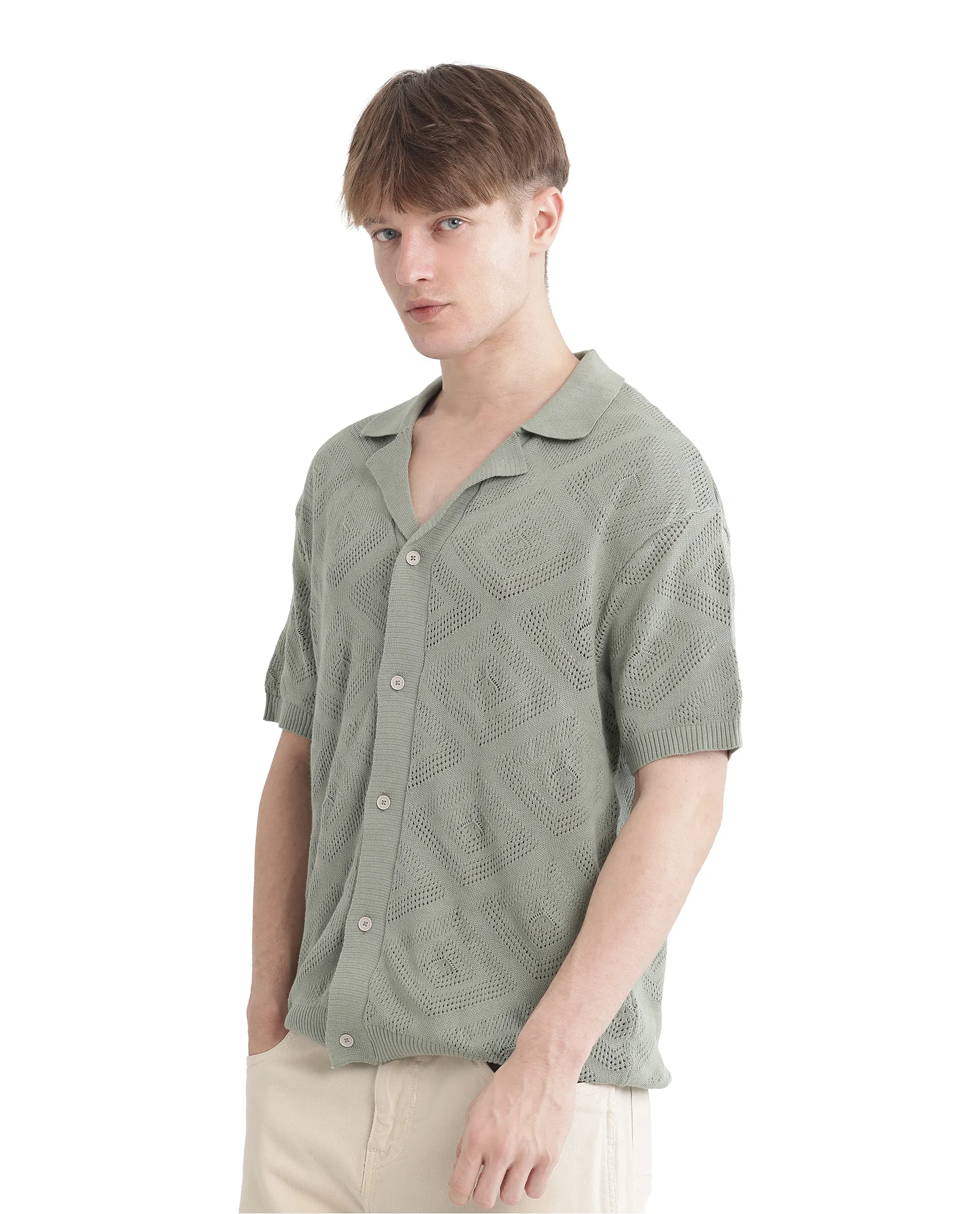 Rare Rabbit Men's Wats Dusky Green Cotton Textured Boxy Fit Half Sleeve Cuban Collar Shirt - Image 7