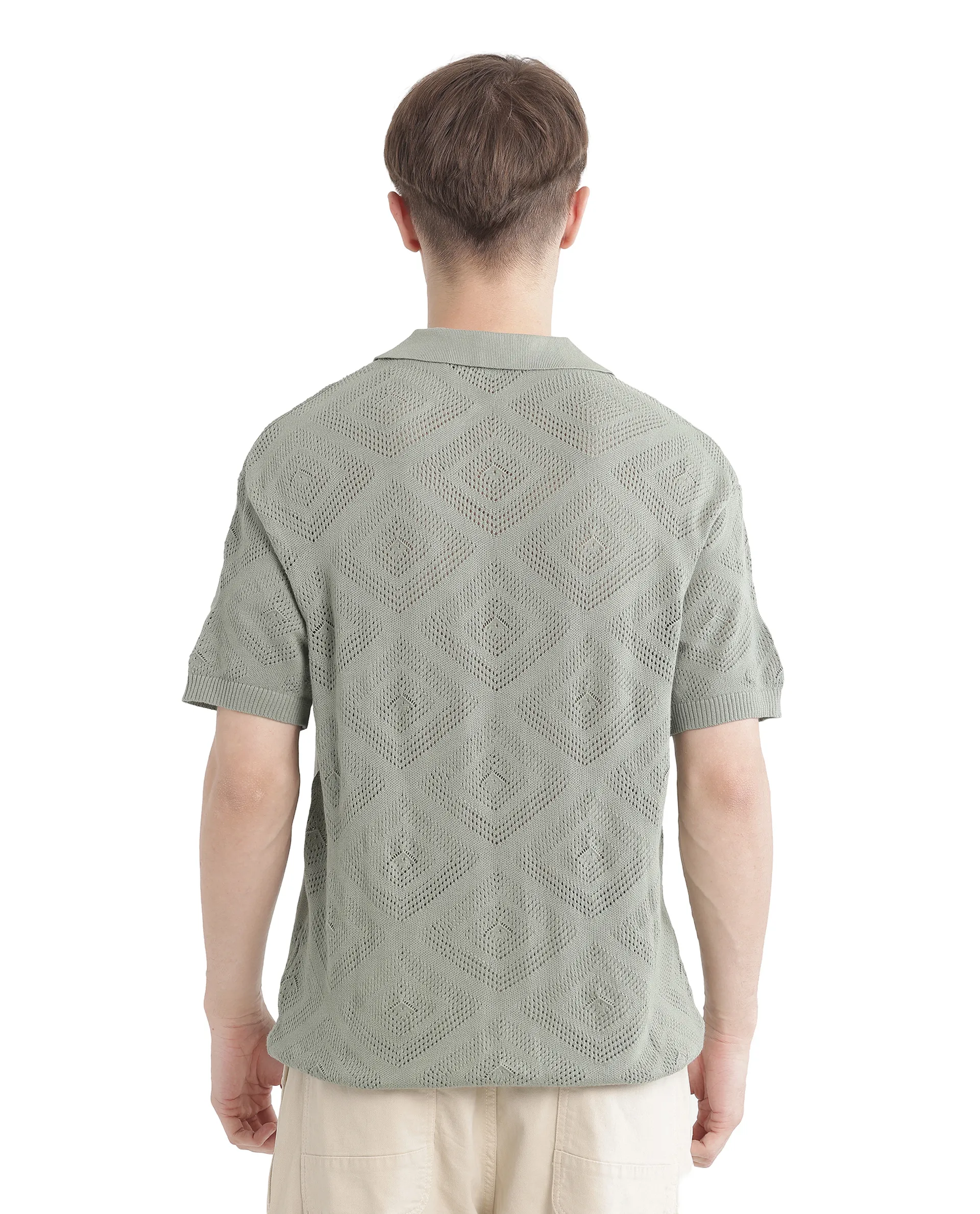 Rare Rabbit Men's Wats Dusky Green Cotton Textured Boxy Fit Half Sleeve Cuban Collar Shirt - Image 8