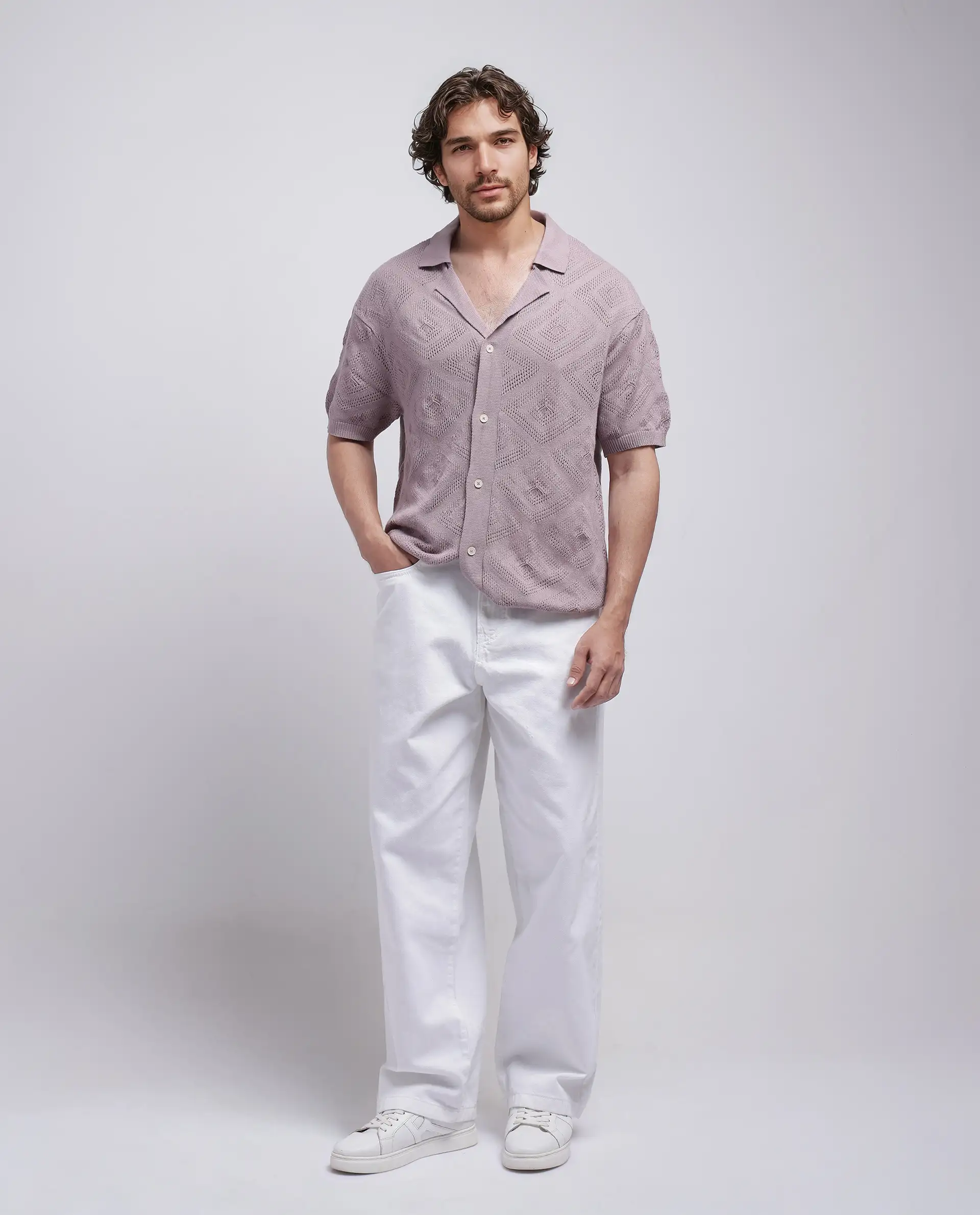 Rare Rabbit Men's Wats Dusky Pink Cotton Knitted Boxy Fit Half Sleeve Cuban Collar Shirt - Image 2