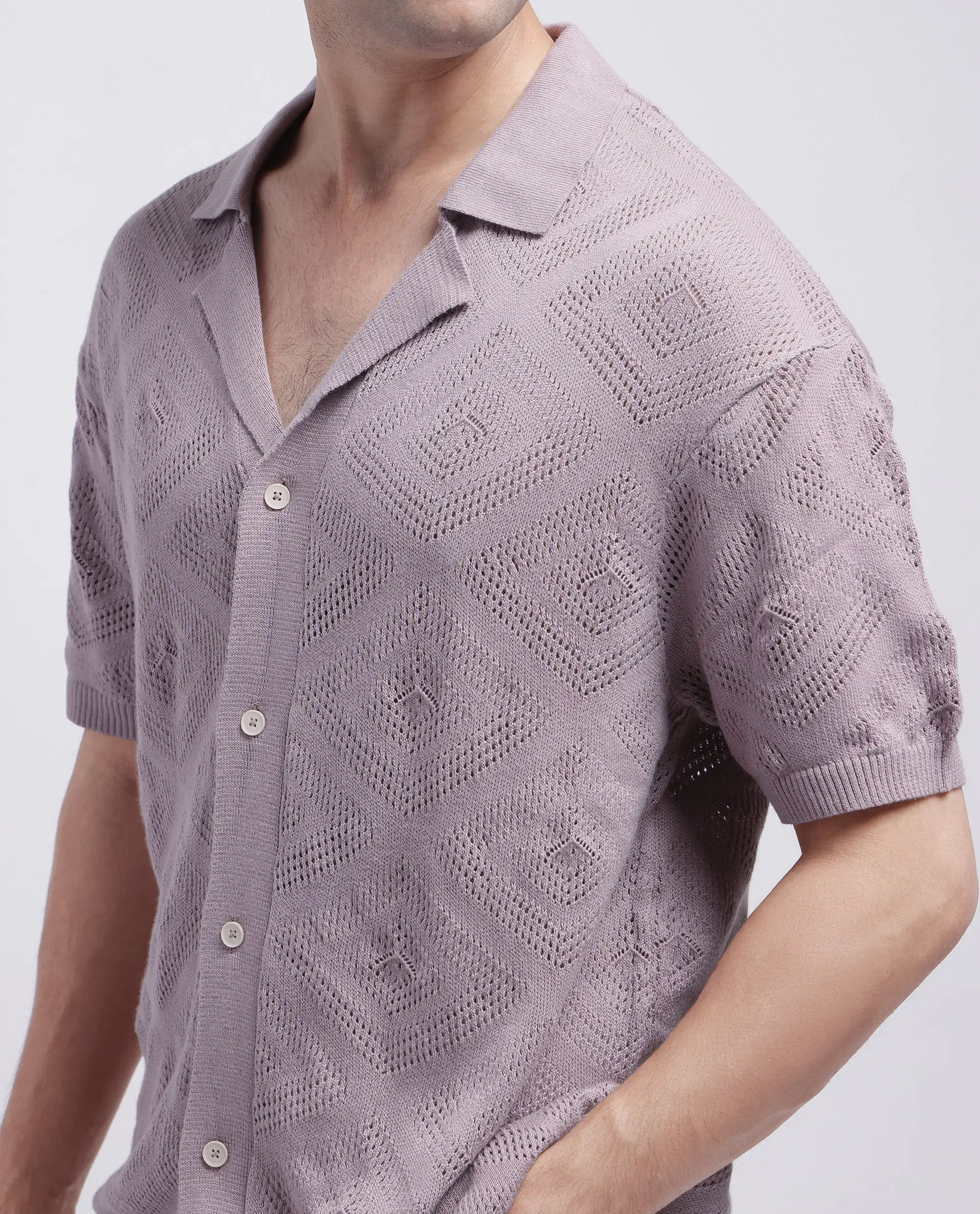 Rare Rabbit Men's Wats Dusky Pink Cotton Knitted Boxy Fit Half Sleeve Cuban Collar Shirt - Image 3