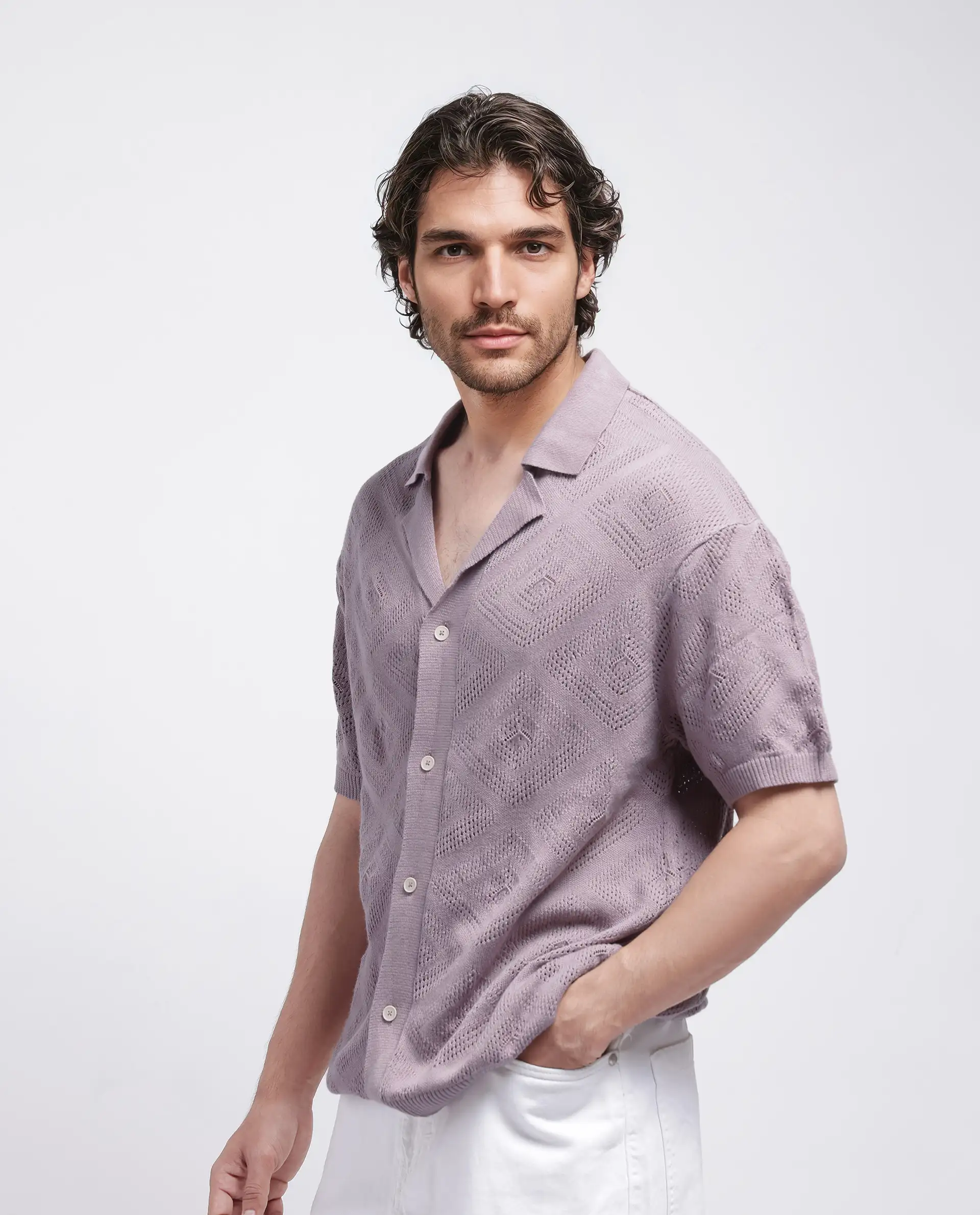 Rare Rabbit Men's Wats Dusky Pink Cotton Knitted Boxy Fit Half Sleeve Cuban Collar Shirt - Image 4