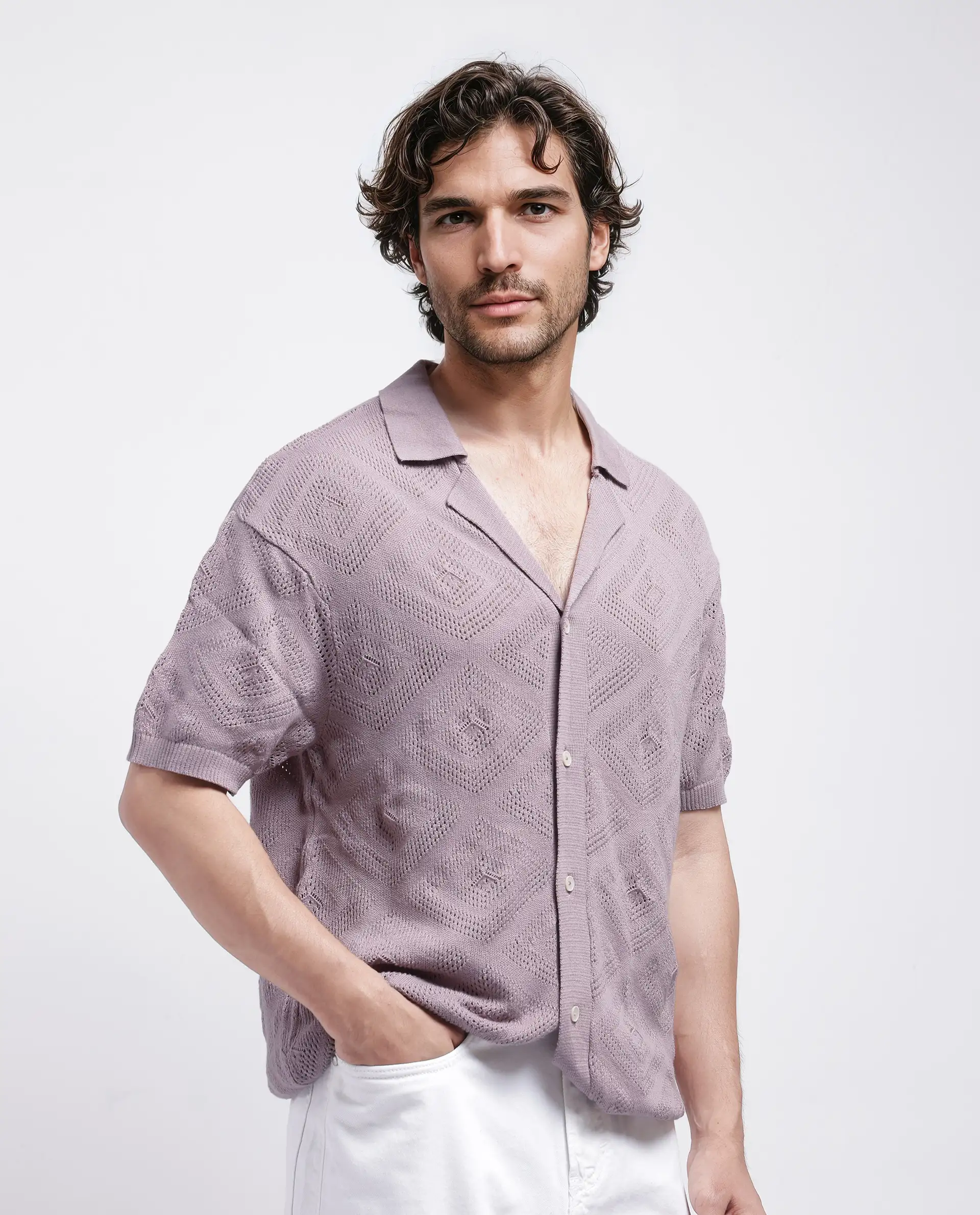 Rare Rabbit Men's Wats Dusky Pink Cotton Knitted Boxy Fit Half Sleeve Cuban Collar Shirt - Image 5