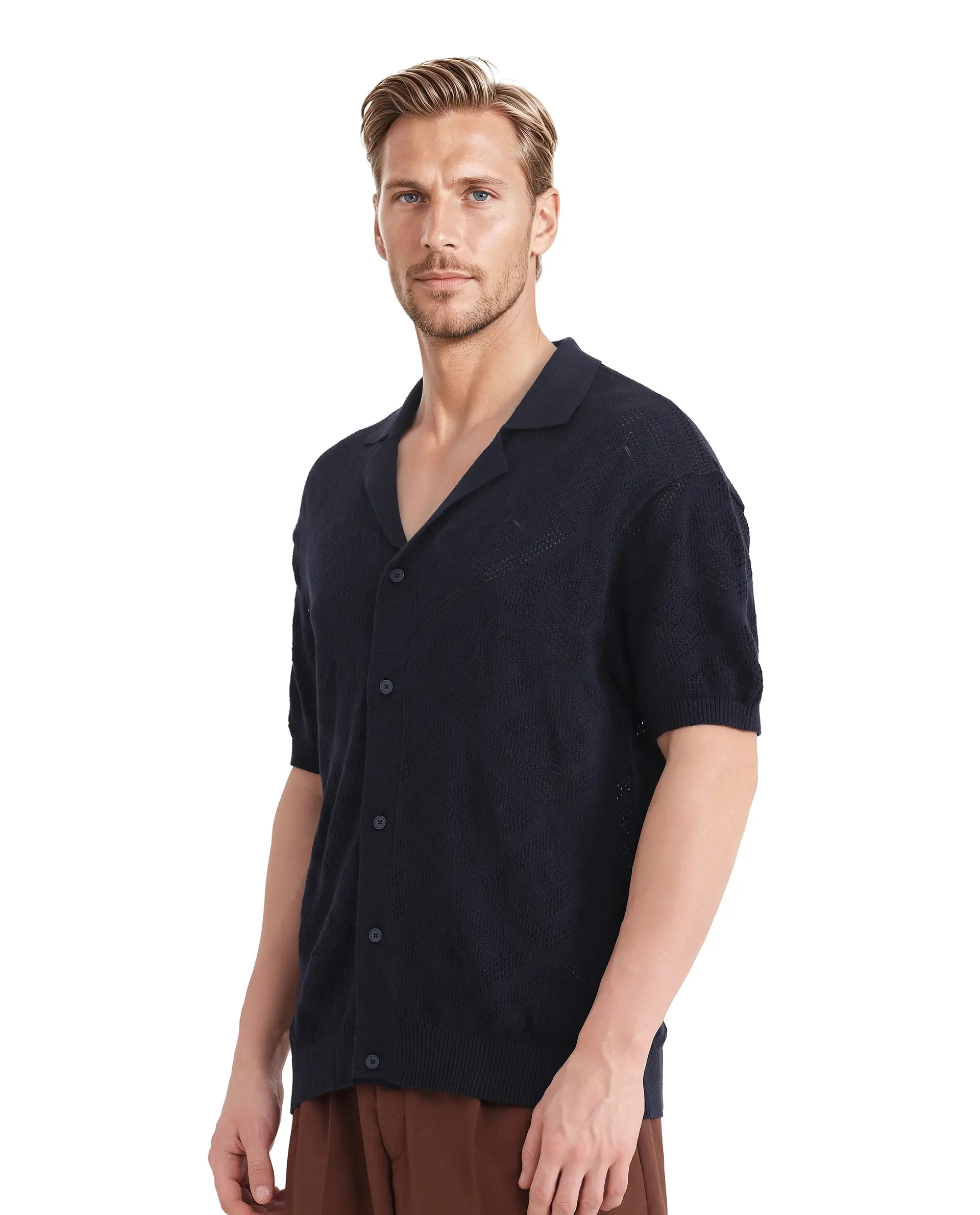 Rare Rabbit Men's Wats Navy Cotton Textured Boxy Fit Half Sleeve Cuban Collar Shirt - Image 3
