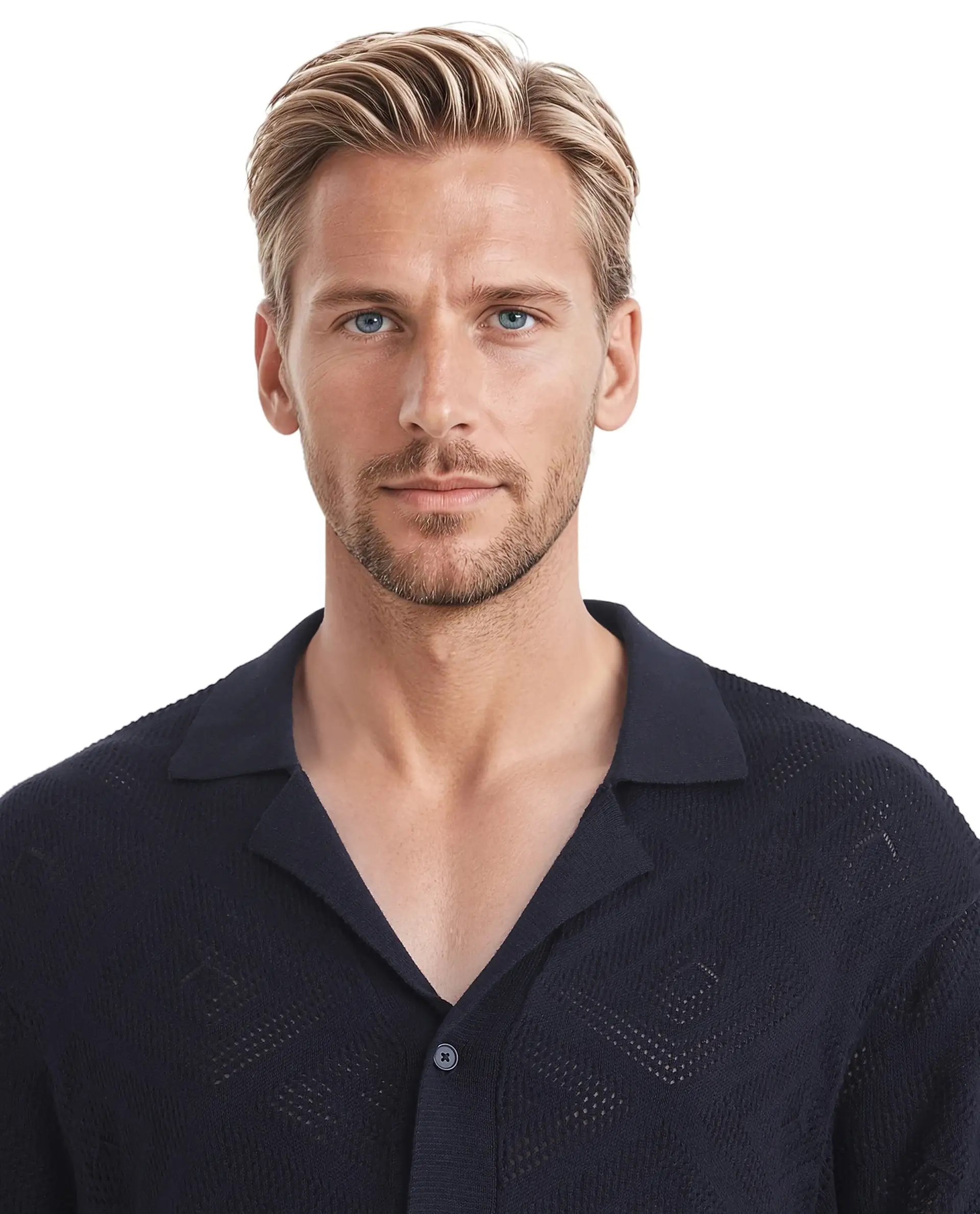 Rare Rabbit Men's Wats Navy Cotton Textured Boxy Fit Half Sleeve Cuban Collar Shirt - Image 4