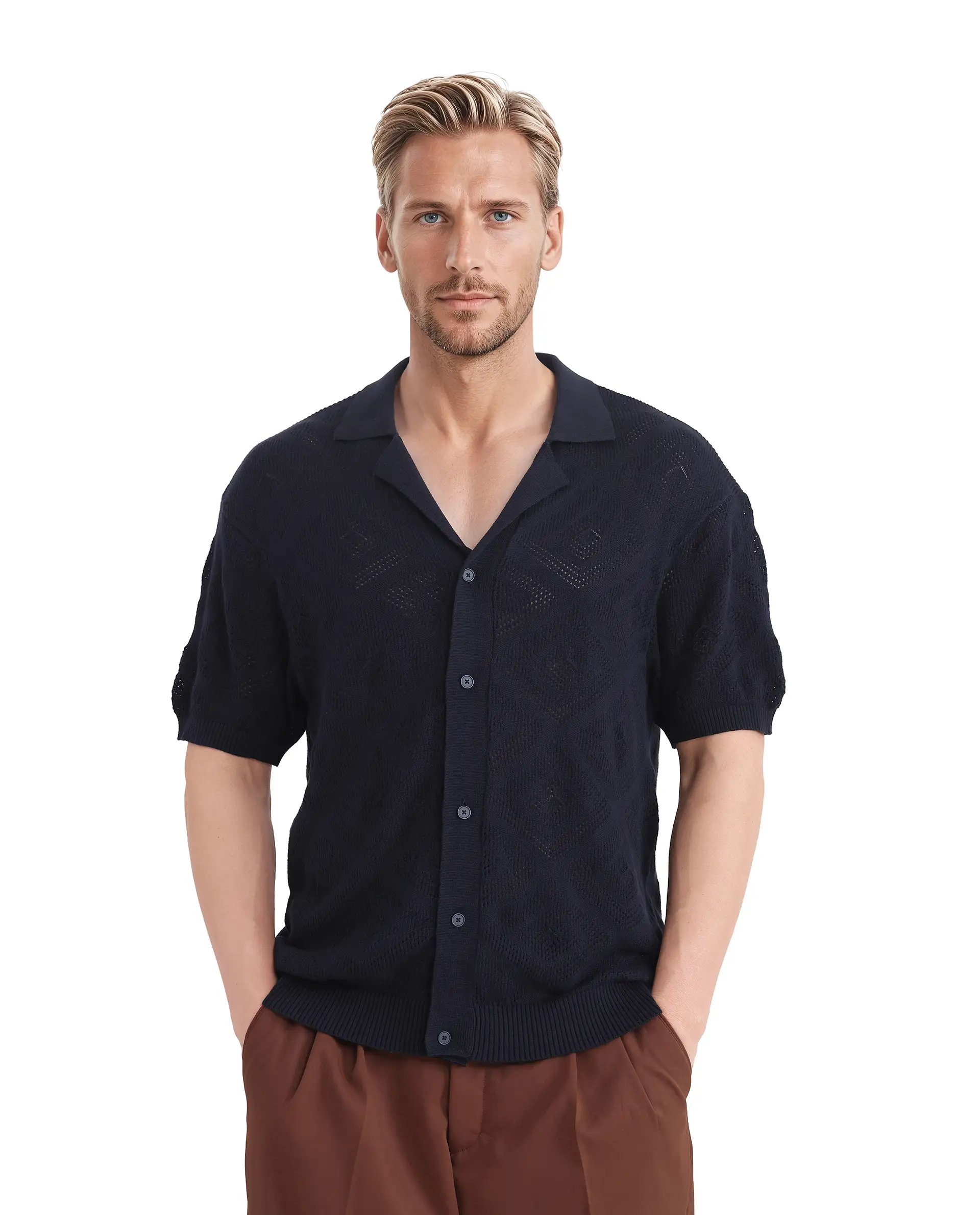 Rare Rabbit Men's Wats Navy Cotton Textured Boxy Fit Half Sleeve Cuban Collar Shirt - Image 5