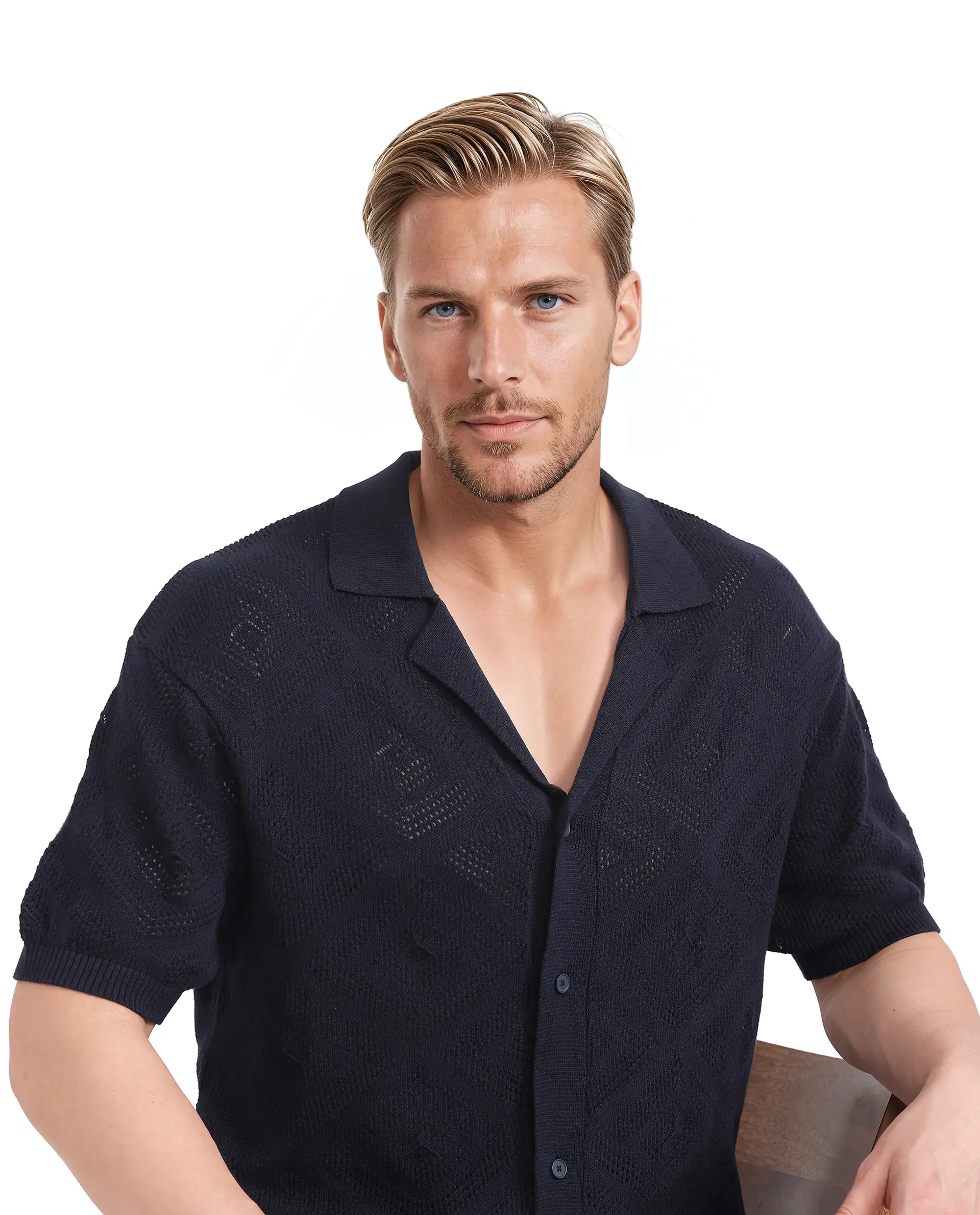 Rare Rabbit Men's Wats Navy Cotton Textured Boxy Fit Half Sleeve Cuban Collar Shirt - Image 6