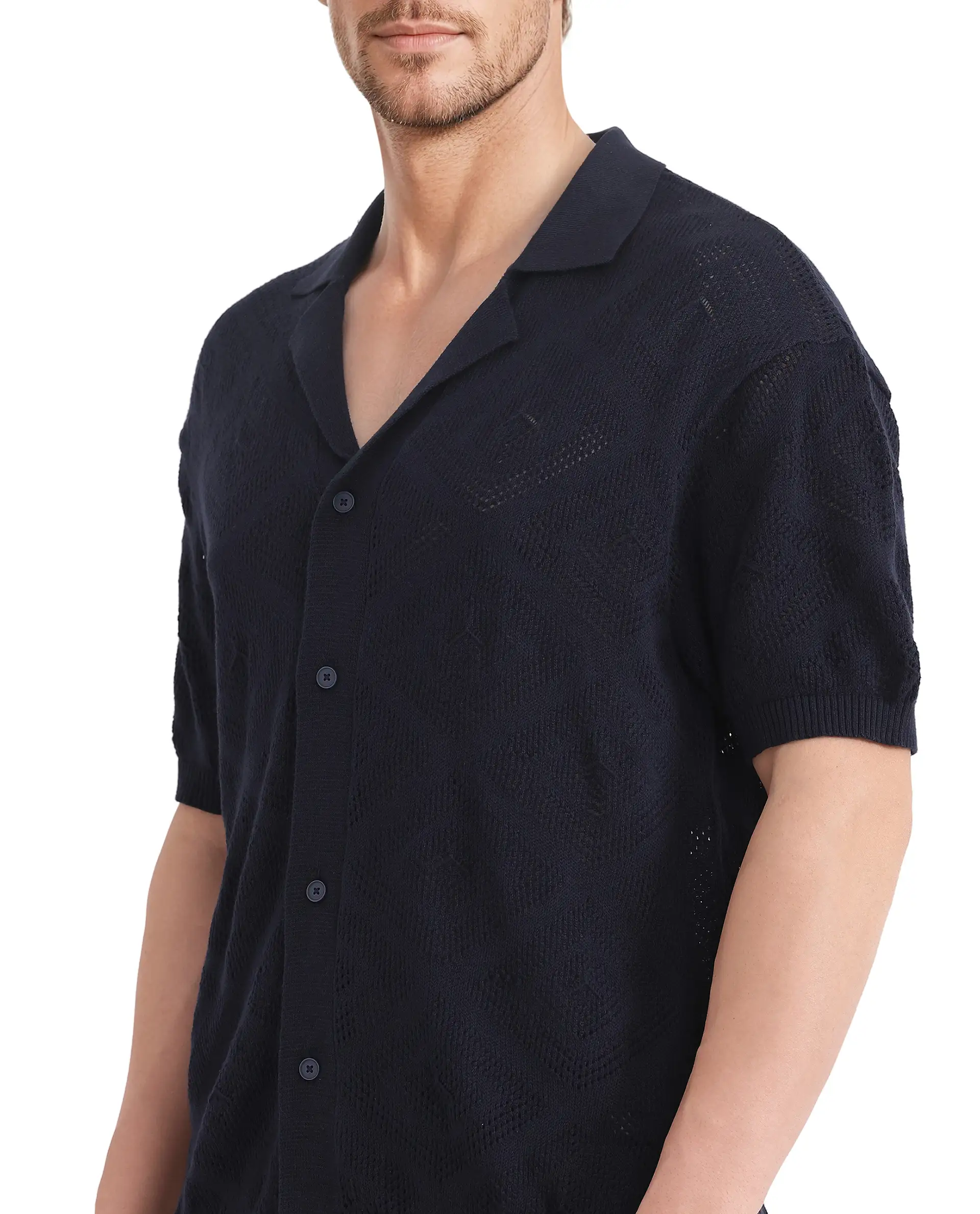 Rare Rabbit Men's Wats Navy Cotton Textured Boxy Fit Half Sleeve Cuban Collar Shirt - Image 8