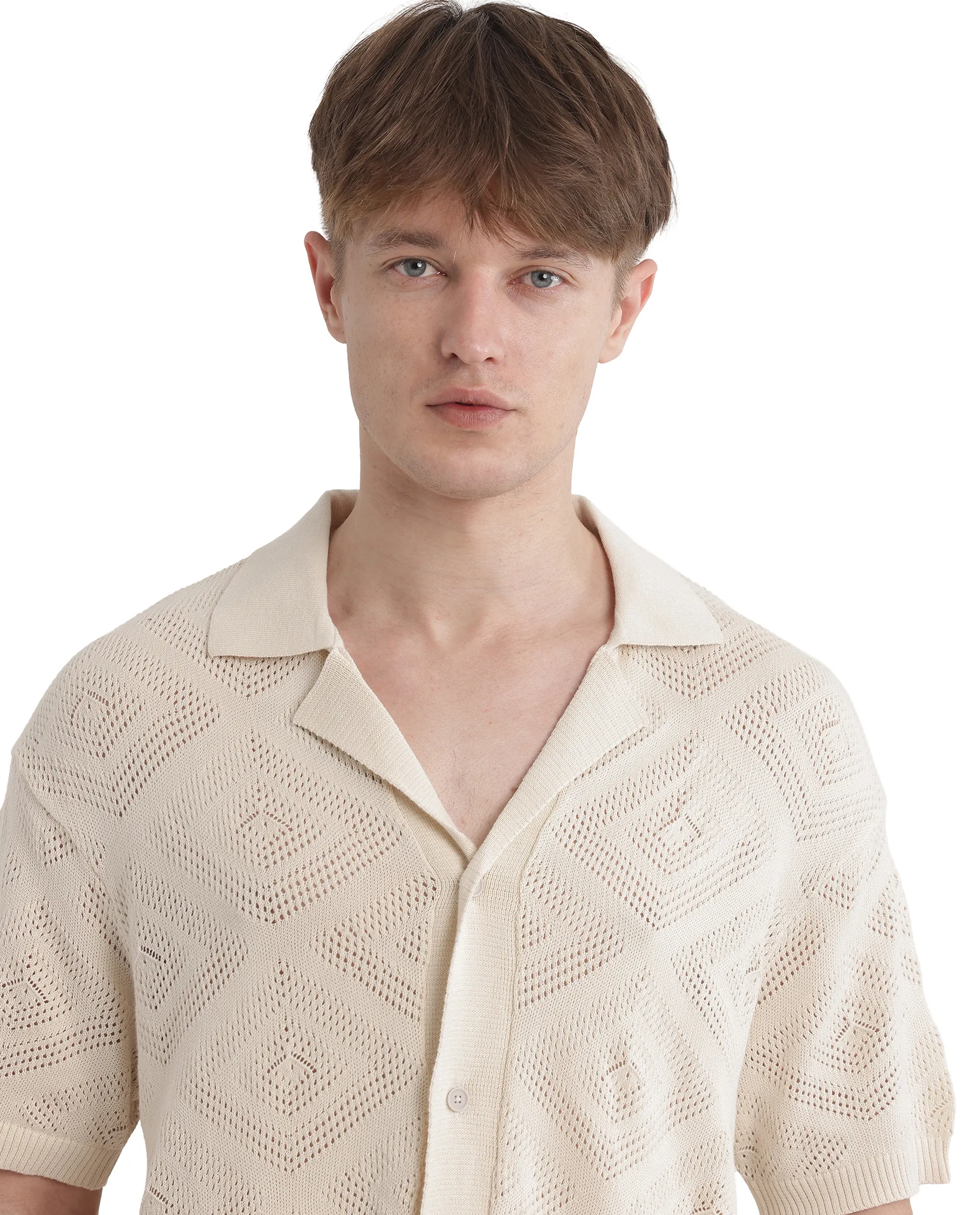 Rare Rabbit Men's Wats White Cotton Textured Boxy Fit Half Sleeve Cuban Collar Shirt - Image 3