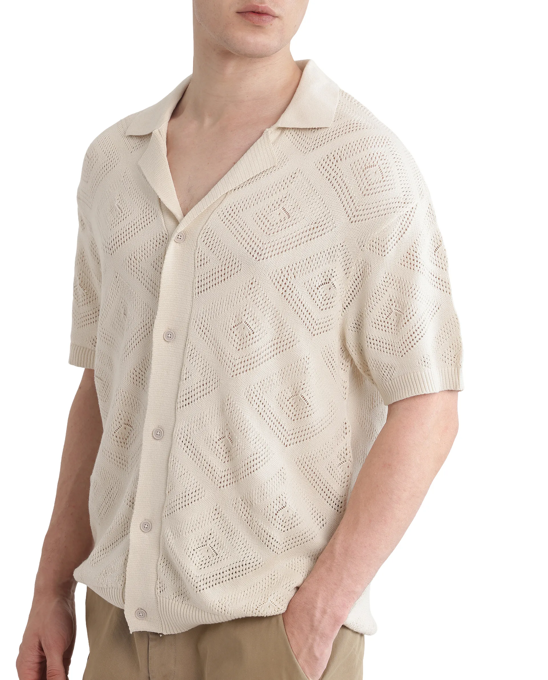 Rare Rabbit Men's Wats White Cotton Textured Boxy Fit Half Sleeve Cuban Collar Shirt - Image 4