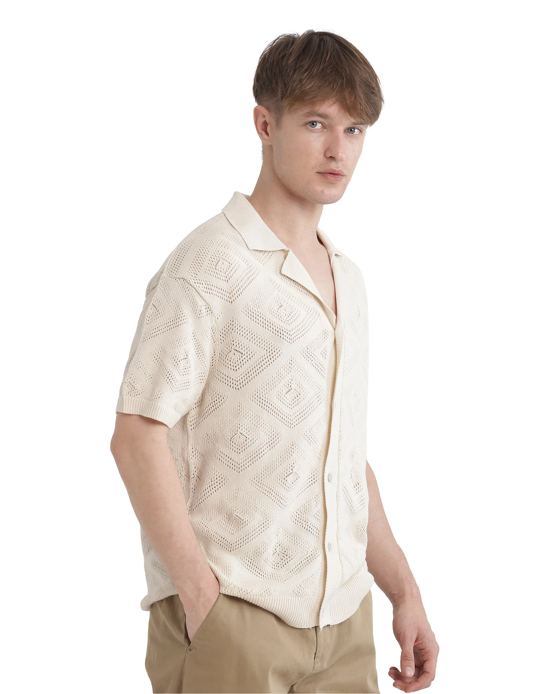 Rare Rabbit Men's Wats White Cotton Textured Boxy Fit Half Sleeve Cuban Collar Shirt - Image 5