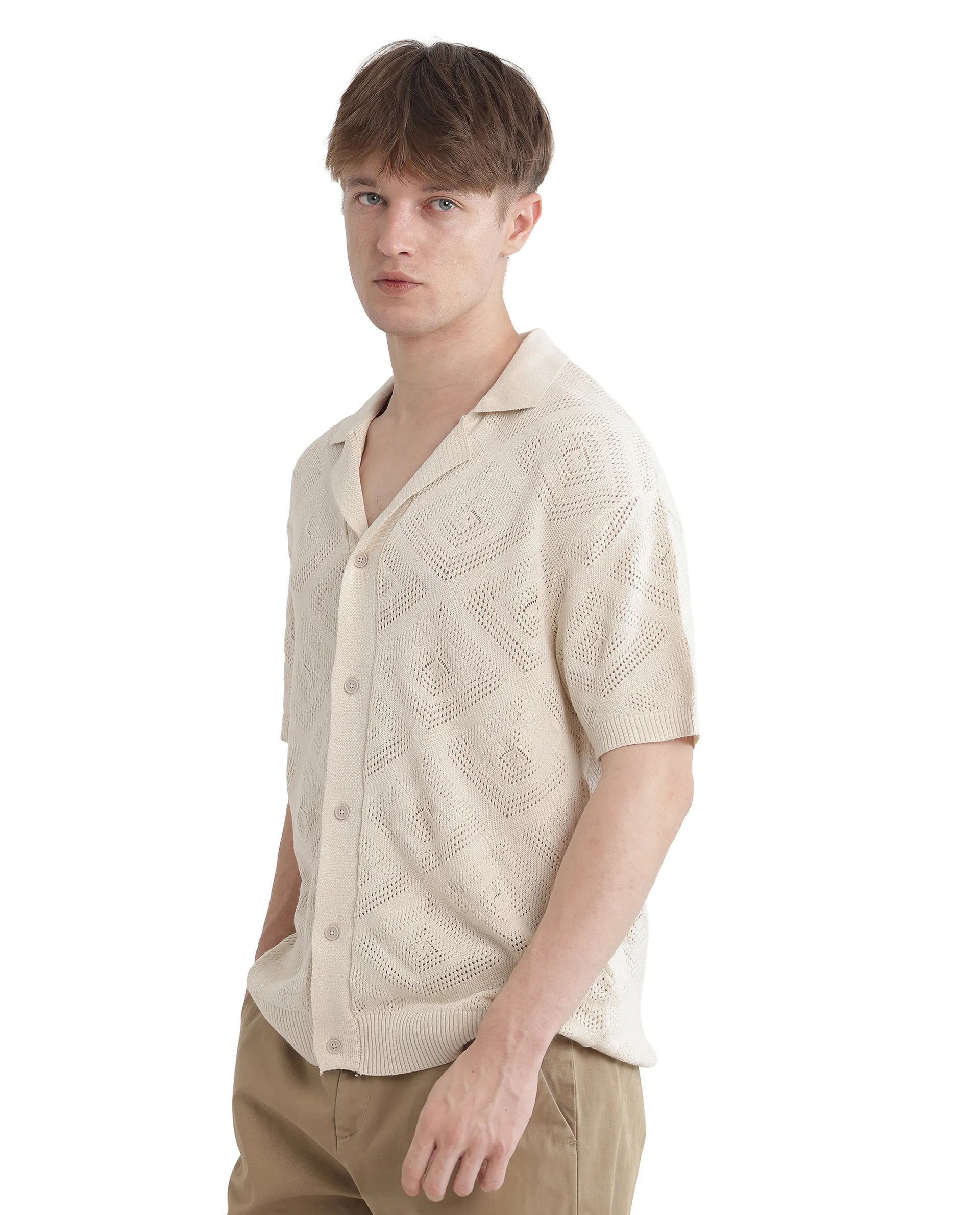 Rare Rabbit Men's Wats White Cotton Textured Boxy Fit Half Sleeve Cuban Collar Shirt - Image 6