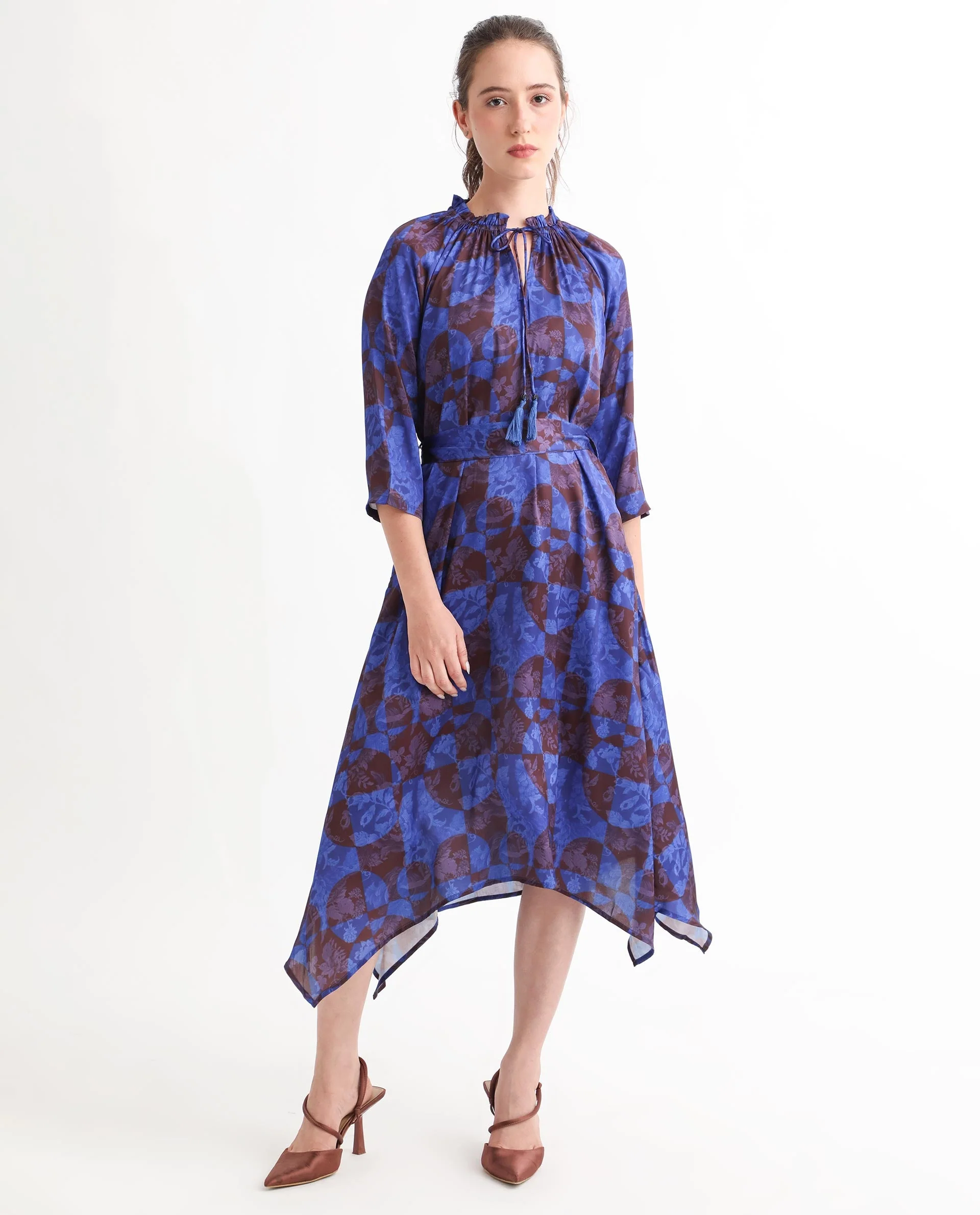 Rareism Women's Watson Brown Polyester Tie-Up Neck Floral Print Knee Length Regular Fit Dress