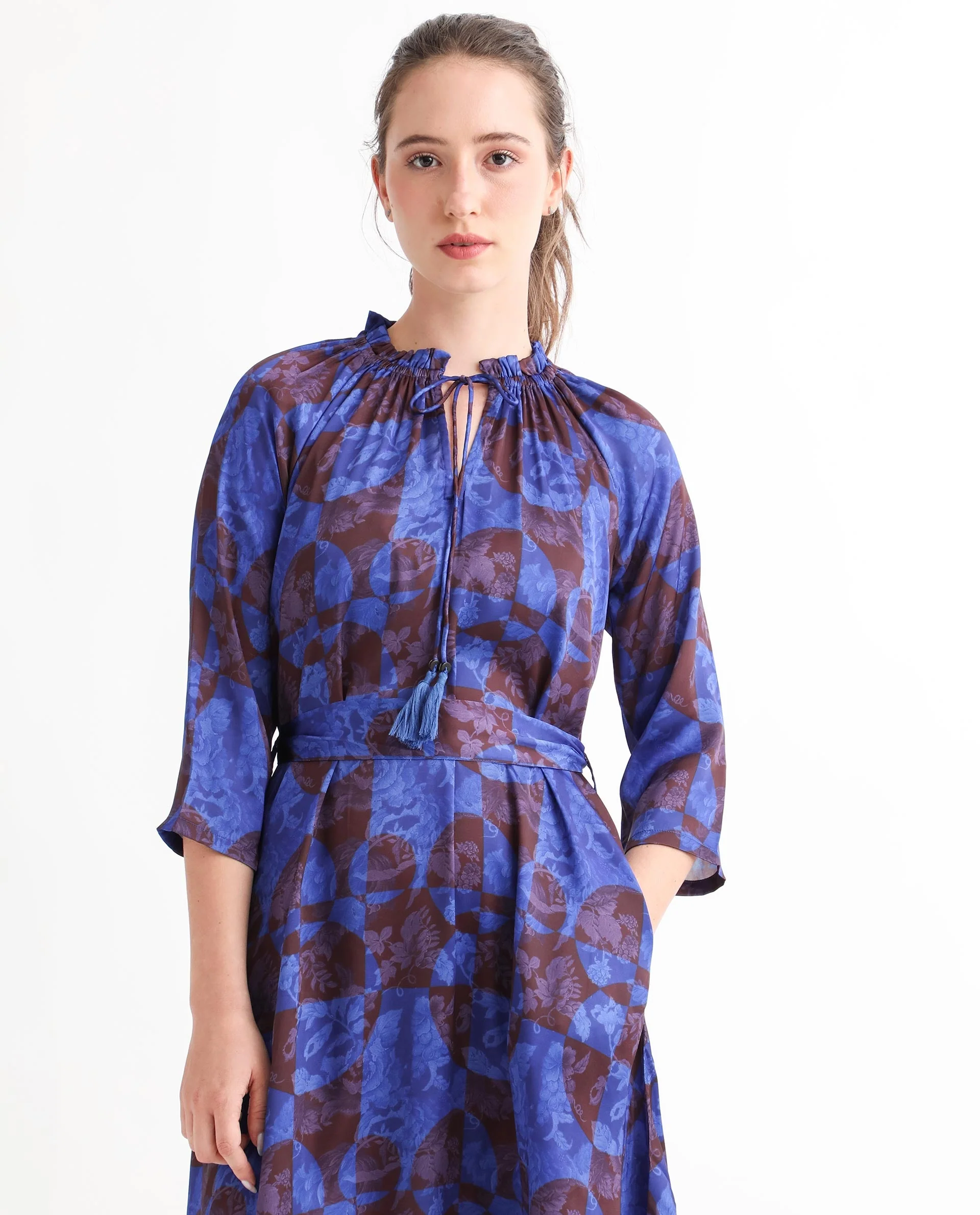 Rareism Women's Watson Brown Polyester Tie-Up Neck Floral Print Knee Length Regular Fit Dress - Image 2