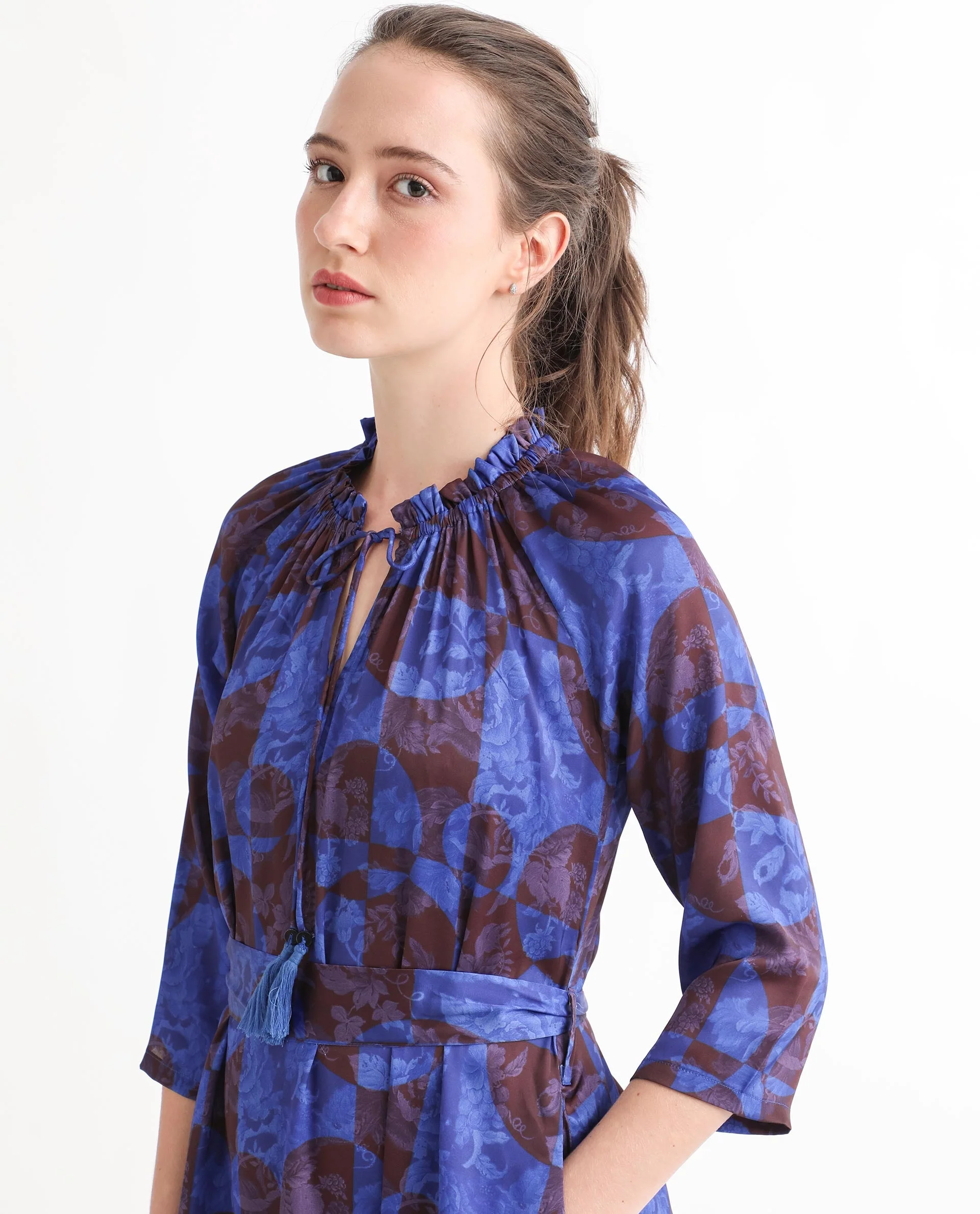 Rareism Women's Watson Brown Polyester Tie-Up Neck Floral Print Knee Length Regular Fit Dress - Image 3