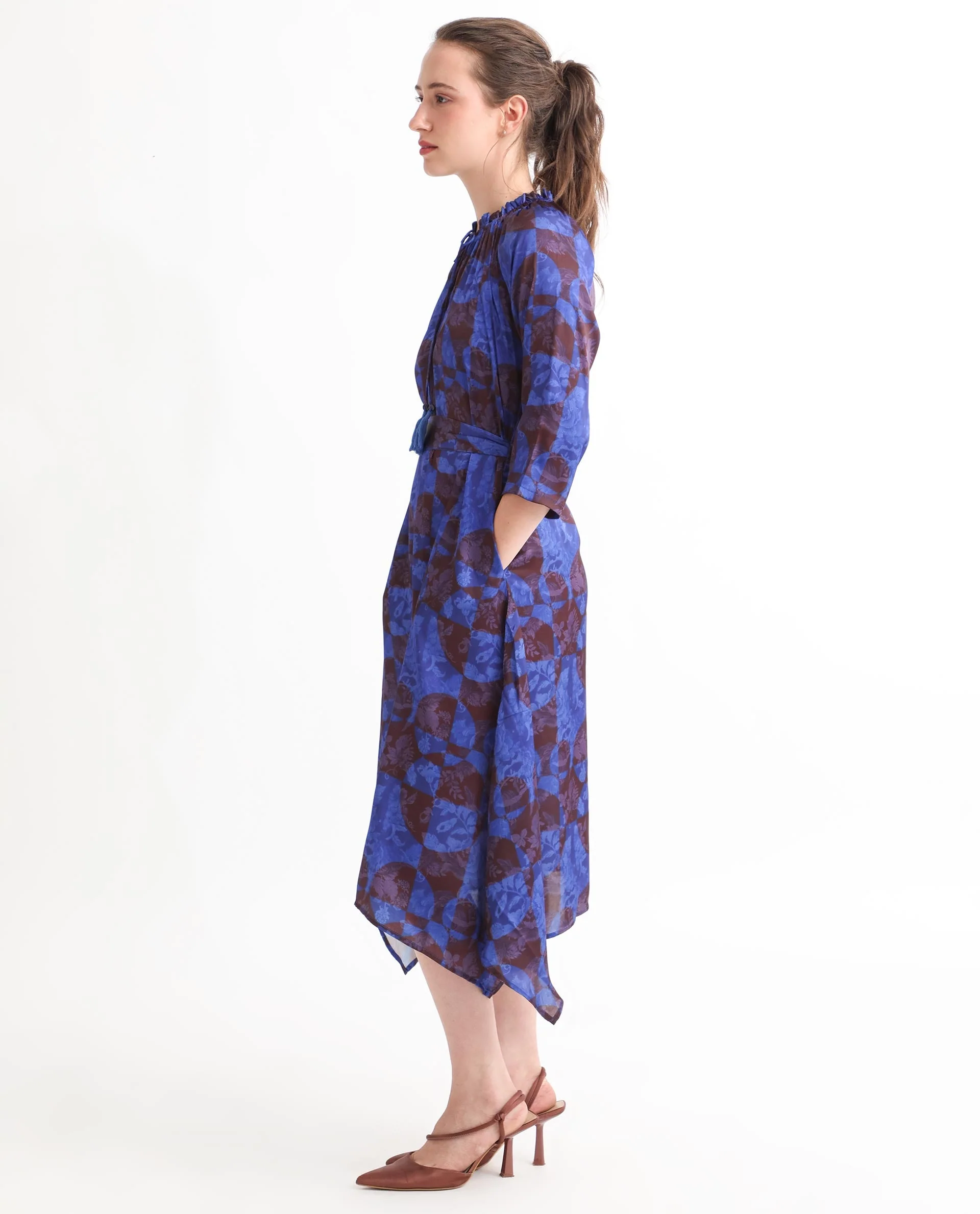 Rareism Women's Watson Brown Polyester Tie-Up Neck Floral Print Knee Length Regular Fit Dress - Image 5
