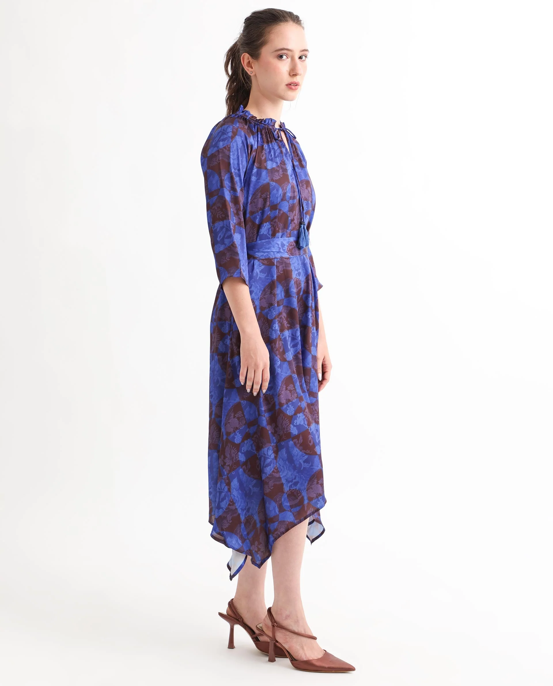 Rareism Women's Watson Brown Polyester Tie-Up Neck Floral Print Knee Length Regular Fit Dress - Image 6