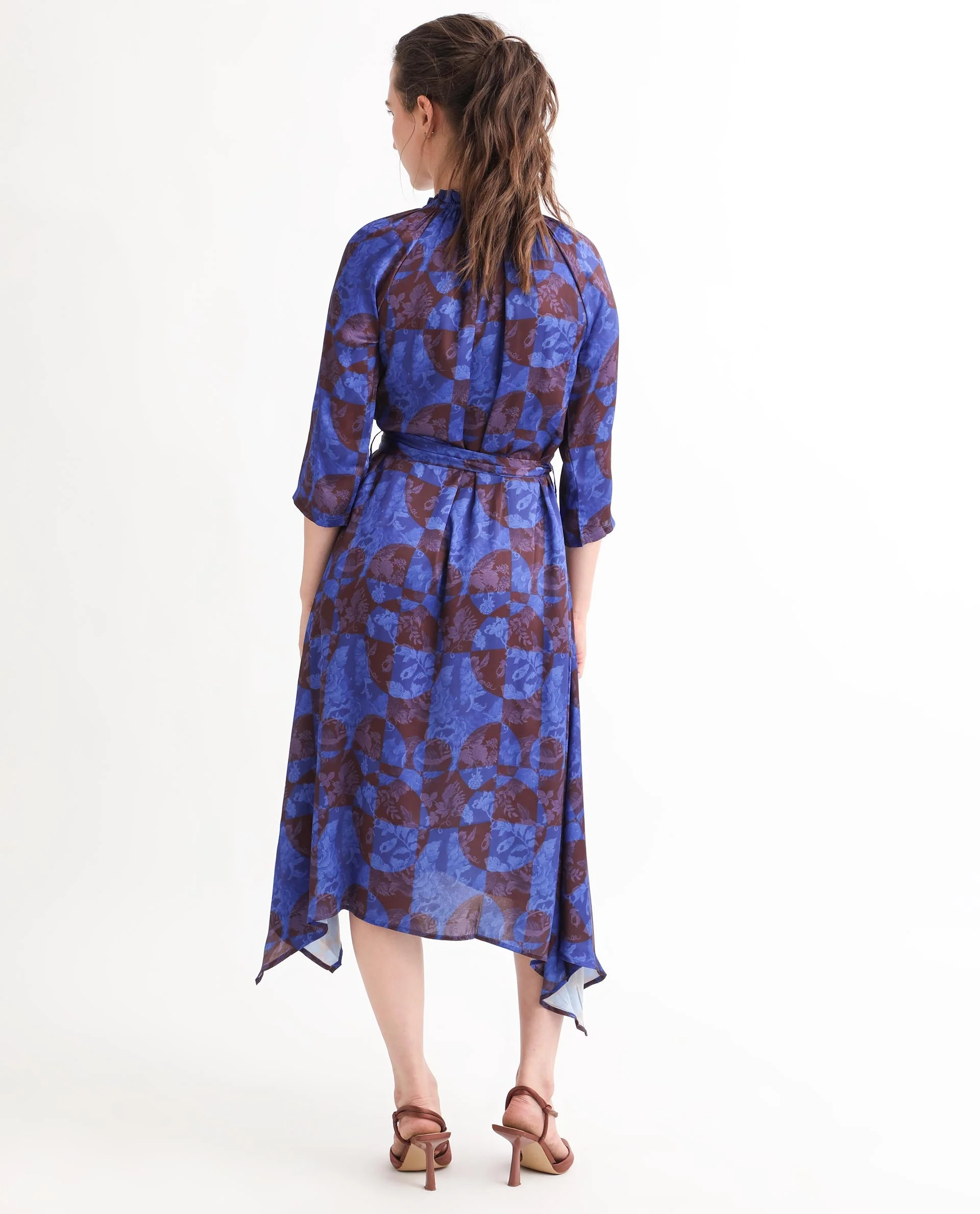 Rareism Women's Watson Brown Polyester Tie-Up Neck Floral Print Knee Length Regular Fit Dress - Image 8