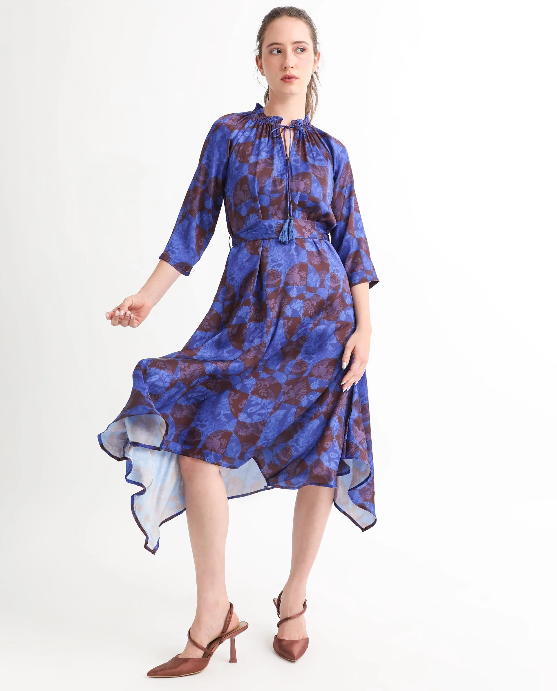 Rareism Women's Watson Brown Polyester Tie-Up Neck Floral Print Knee Length Regular Fit Dress - Image 9