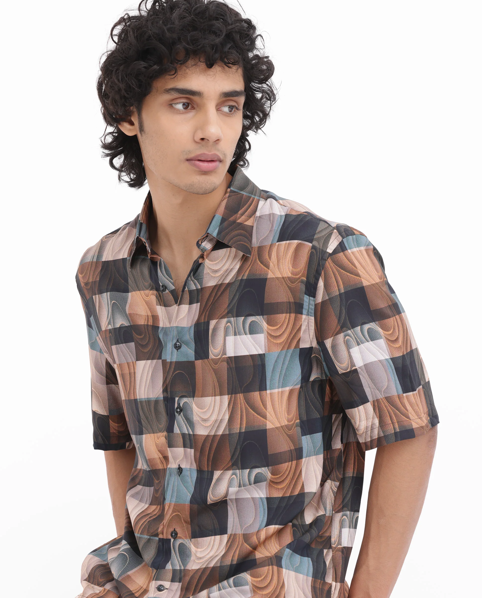 Rare Rabbit Men's Waven Brown Viscose Abstract Print Boxy Fit Half Sleeve Spread Collar Shirt - Image 2