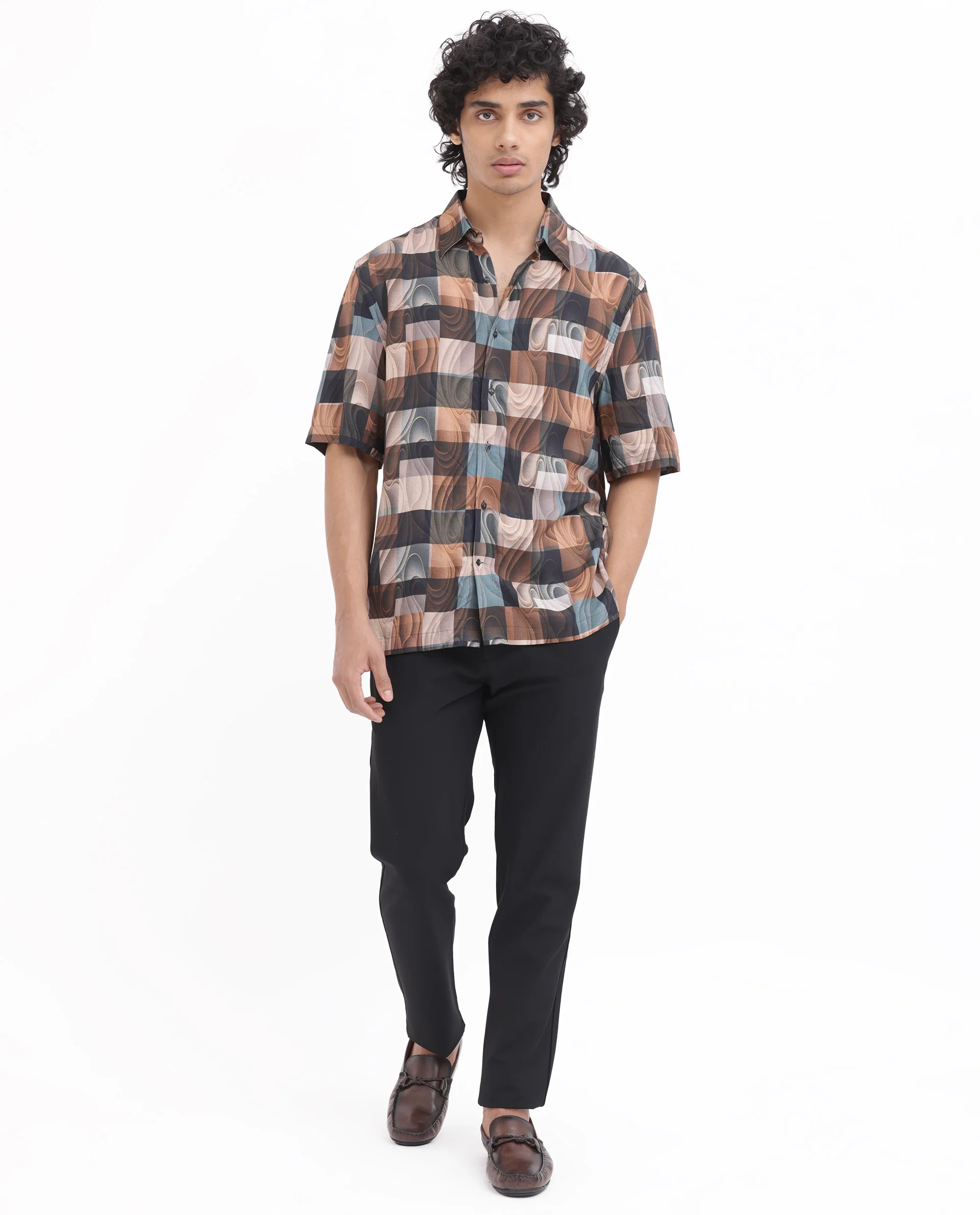 Rare Rabbit Men's Waven Brown Viscose Abstract Print Boxy Fit Half Sleeve Spread Collar Shirt - Image 3