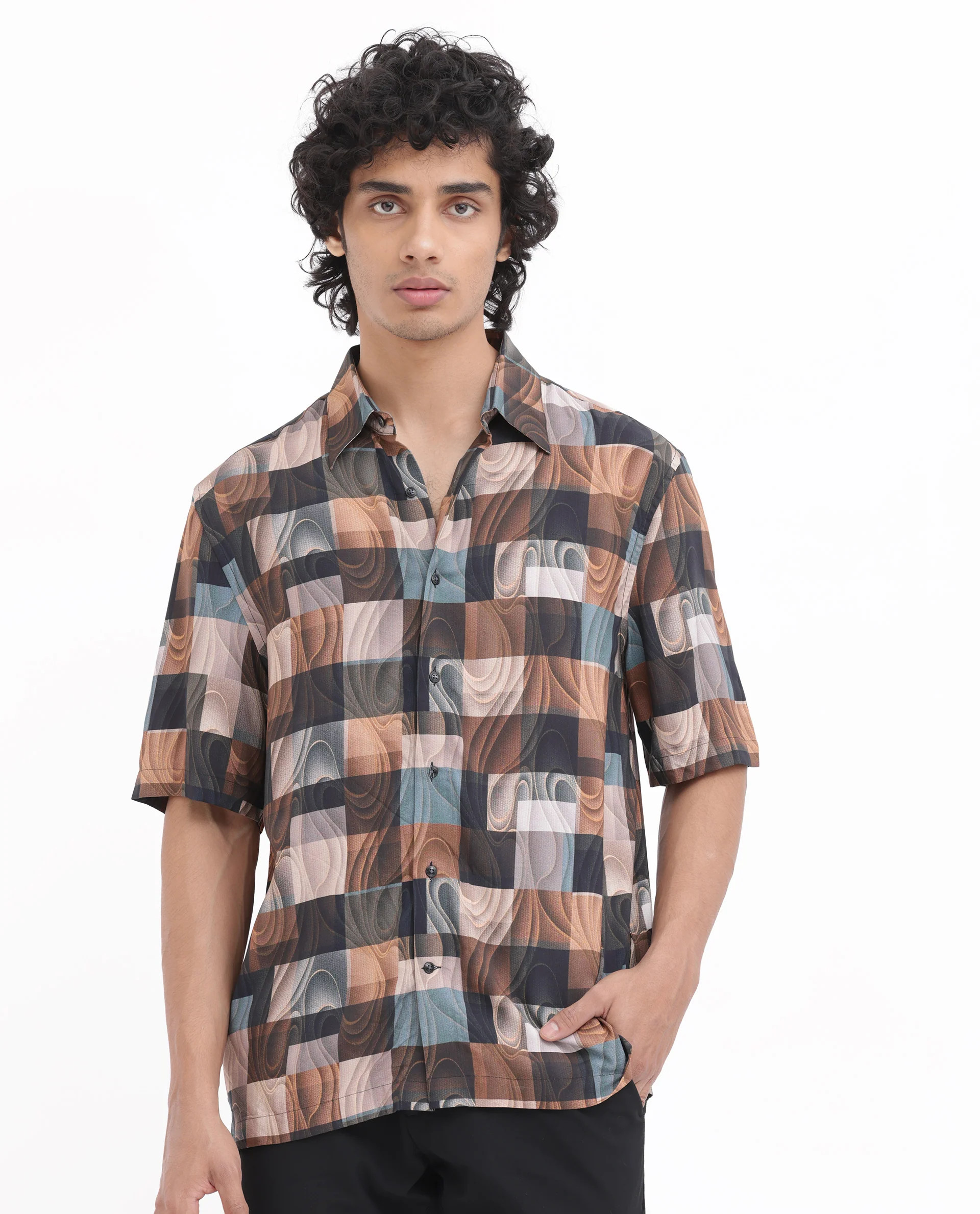 Rare Rabbit Men's Waven Brown Viscose Abstract Print Boxy Fit Half Sleeve Spread Collar Shirt - Image 4