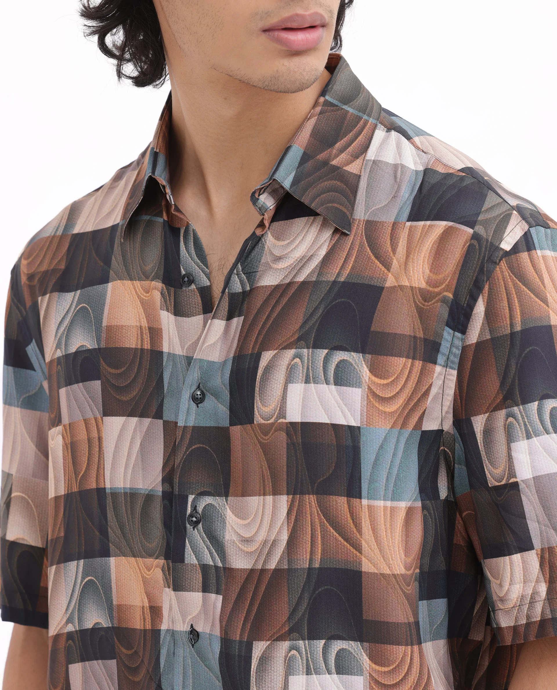Rare Rabbit Men's Waven Brown Viscose Abstract Print Boxy Fit Half Sleeve Spread Collar Shirt - Image 6