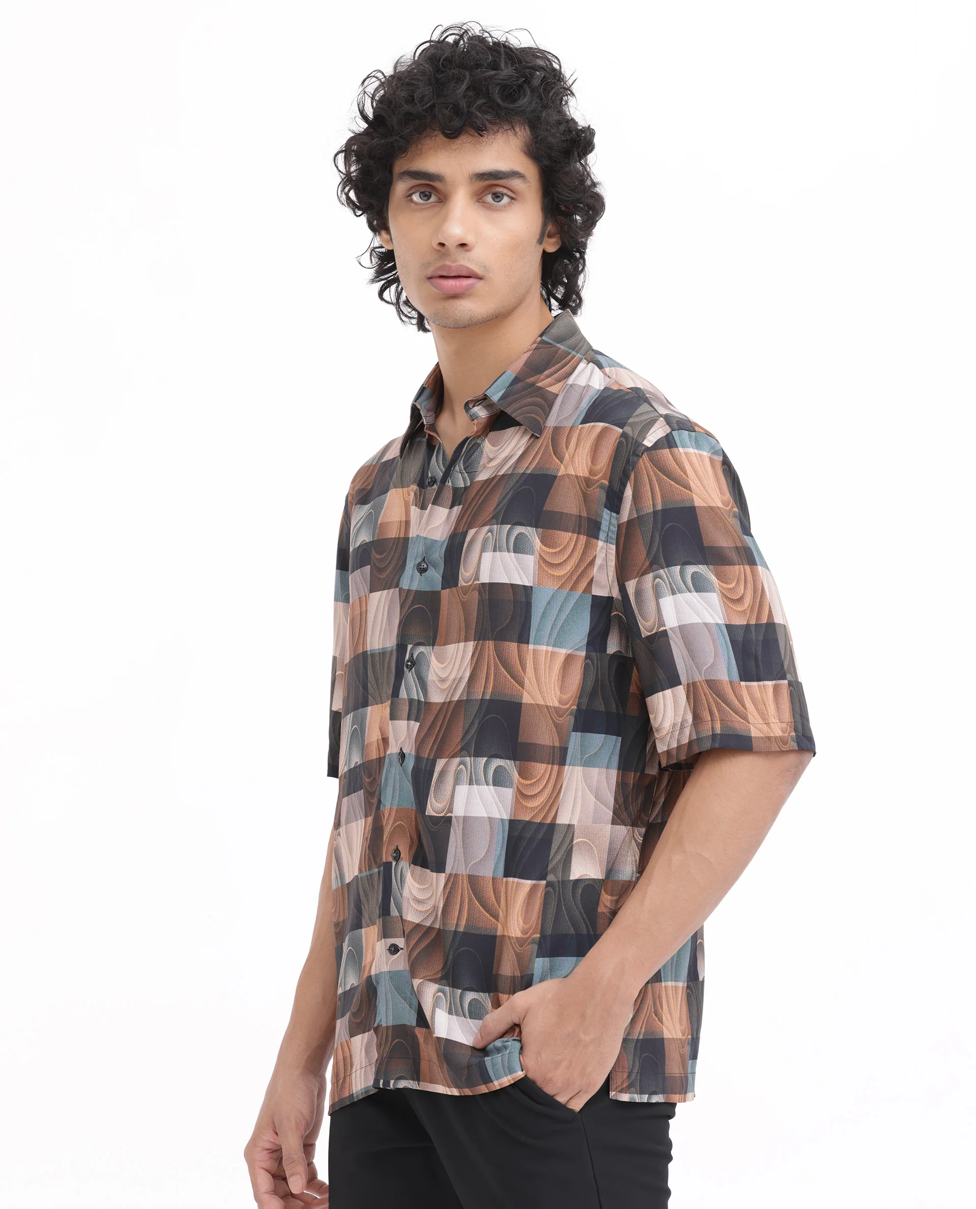 Rare Rabbit Men's Waven Brown Viscose Abstract Print Boxy Fit Half Sleeve Spread Collar Shirt - Image 7