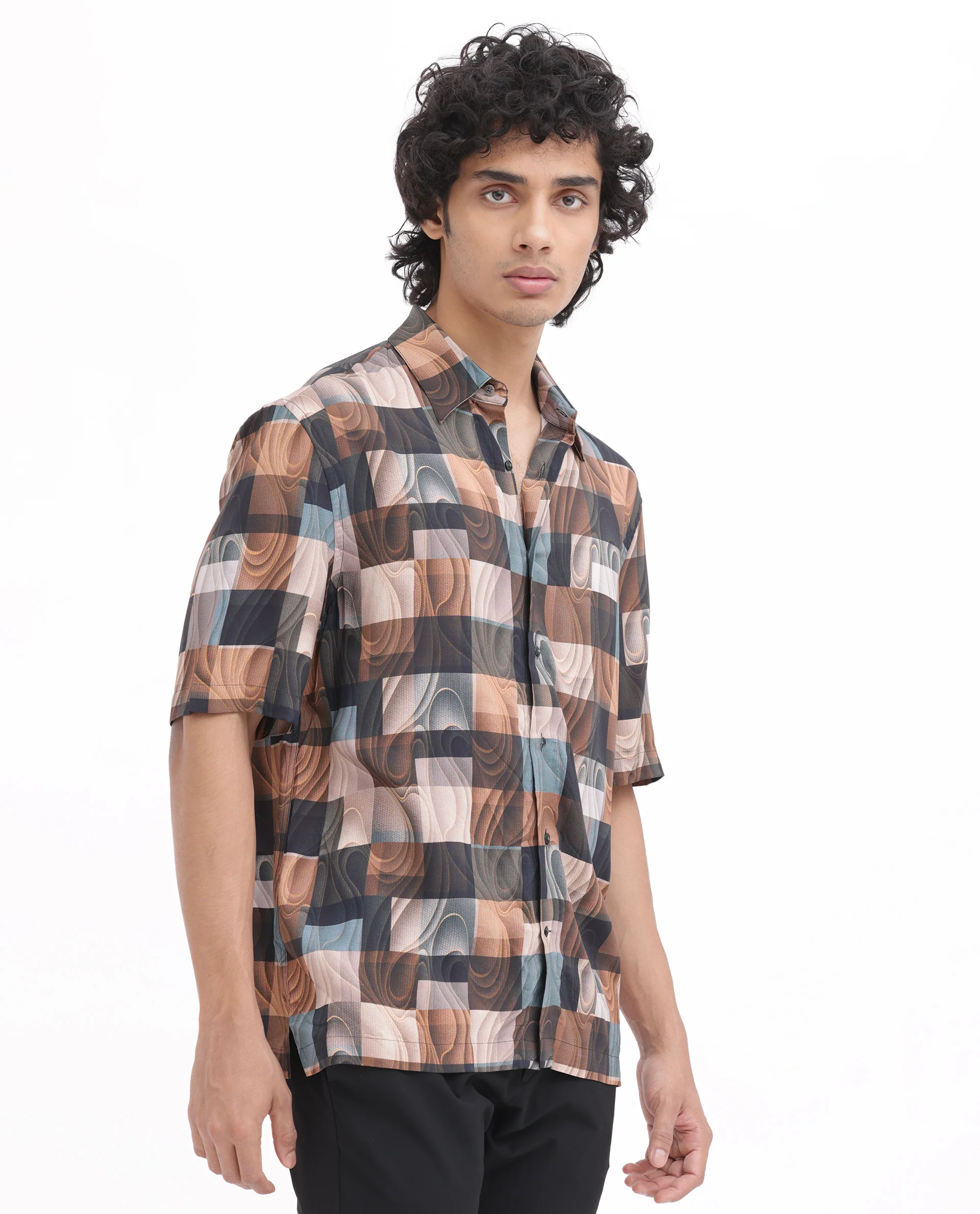 Rare Rabbit Men's Waven Brown Viscose Abstract Print Boxy Fit Half Sleeve Spread Collar Shirt - Image 8