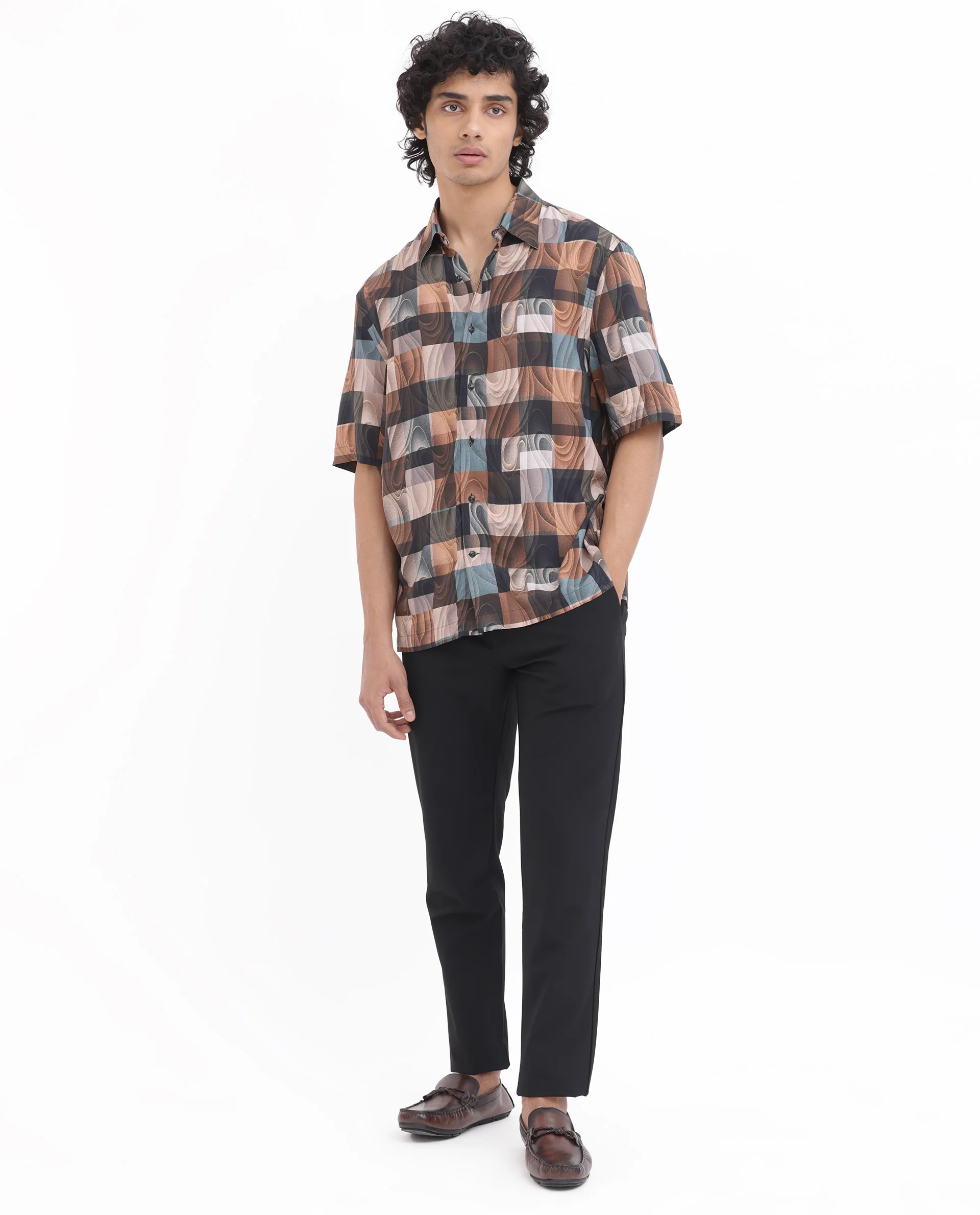 Rare Rabbit Men's Waven Brown Viscose Abstract Print Boxy Fit Half Sleeve Spread Collar Shirt - Image 9