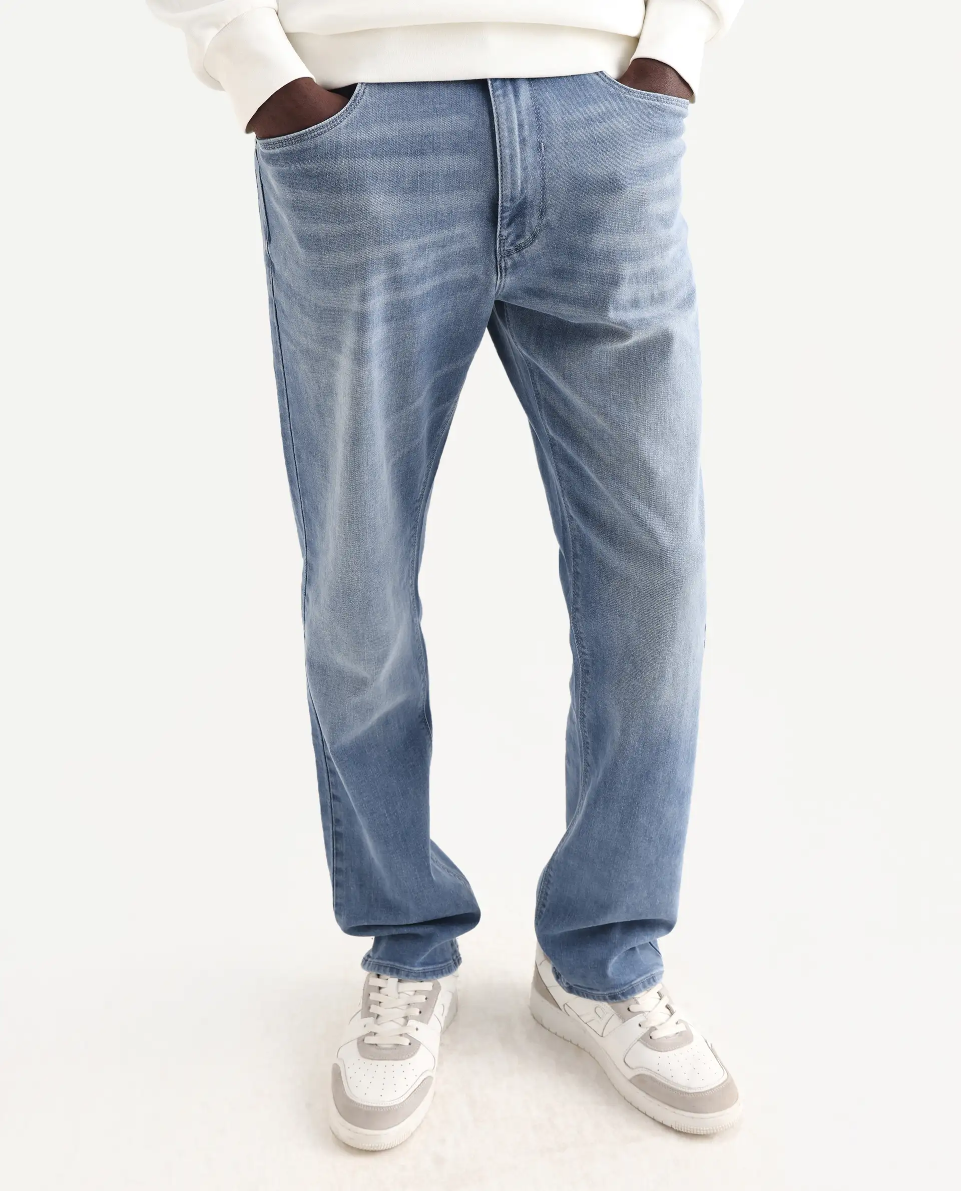 Rare Rabbit Men's Wavey Light Blue Cotton Blend Plain Morris Regular Fit Jeans - Image 2