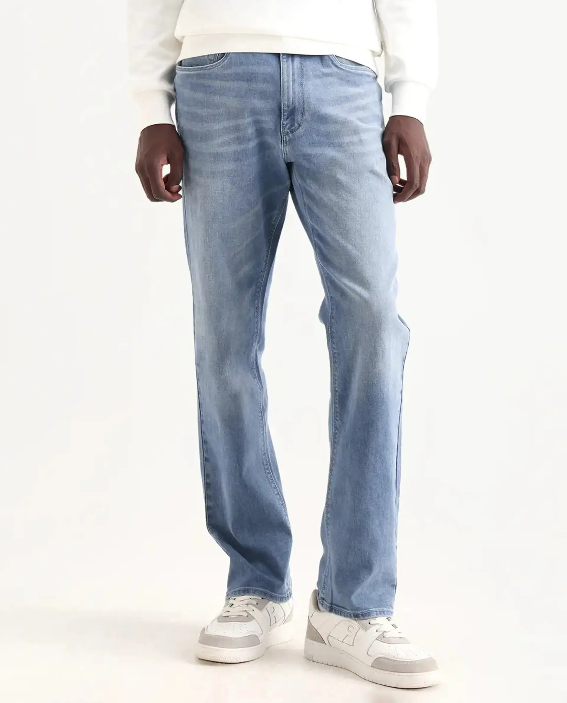 Rare Rabbit Men's Wavey Light Blue Cotton Blend Plain Morris Regular Fit Jeans - Image 9