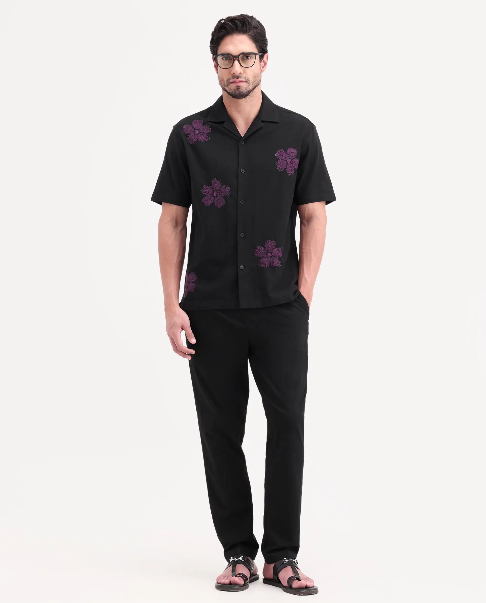 Rare Rabbit Men's Waxi Black Cotton Blend Fabric Half Sleeve Cuban Collar Relaxed Fit Embroidered Shirt - Image 2