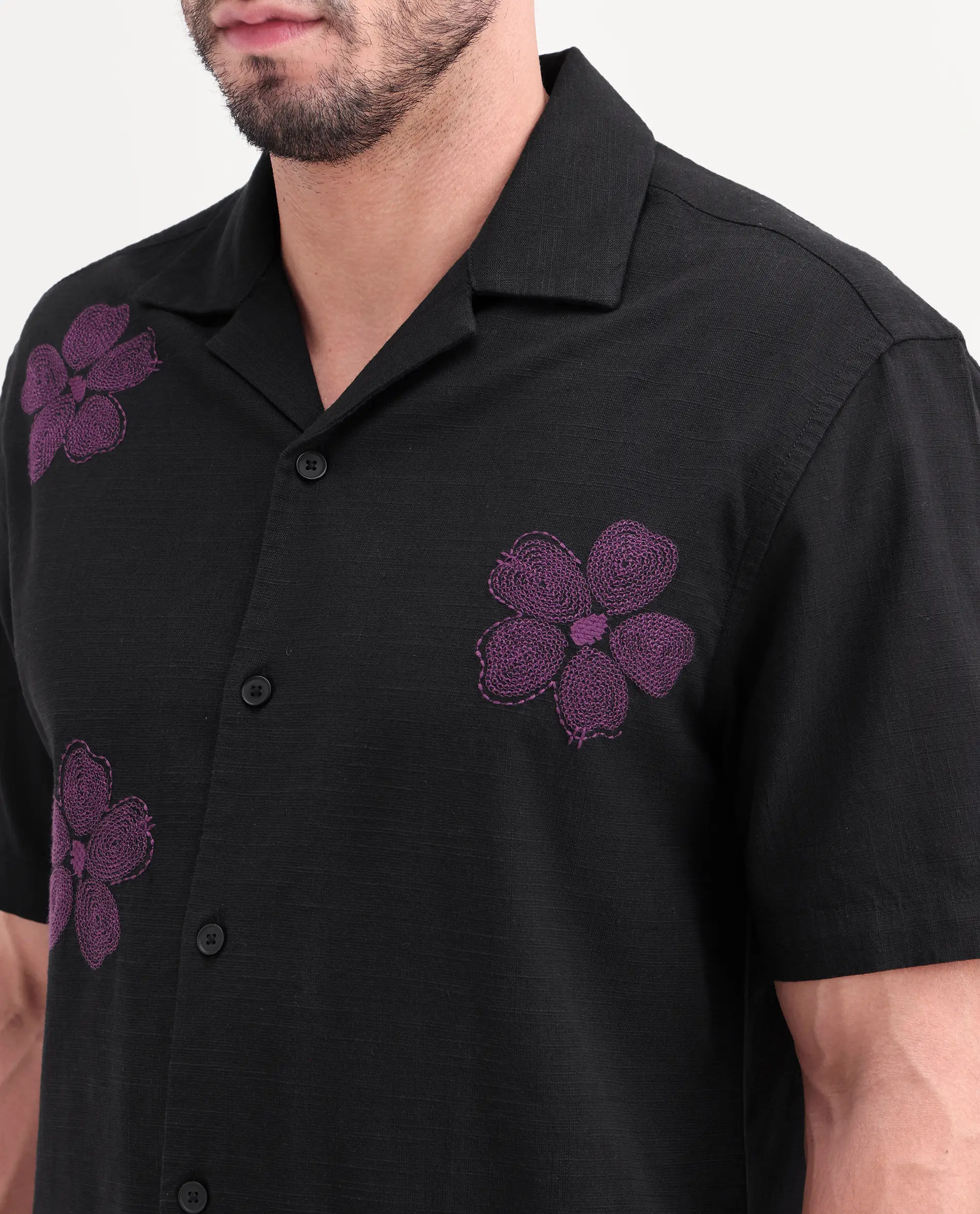 Rare Rabbit Men's Waxi Black Cotton Blend Fabric Half Sleeve Cuban Collar Relaxed Fit Embroidered Shirt - Image 3
