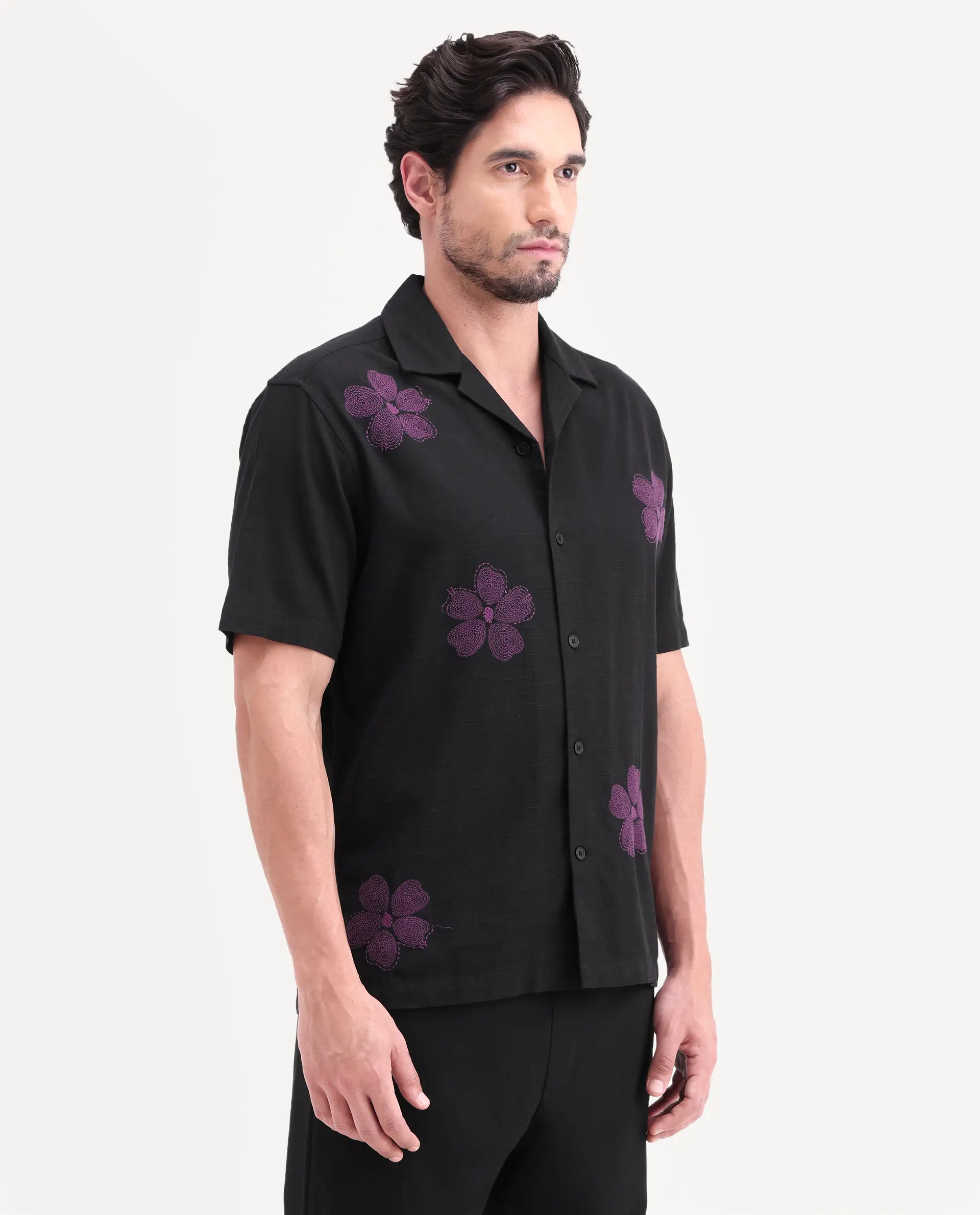 Rare Rabbit Men's Waxi Black Cotton Blend Fabric Half Sleeve Cuban Collar Relaxed Fit Embroidered Shirt - Image 4