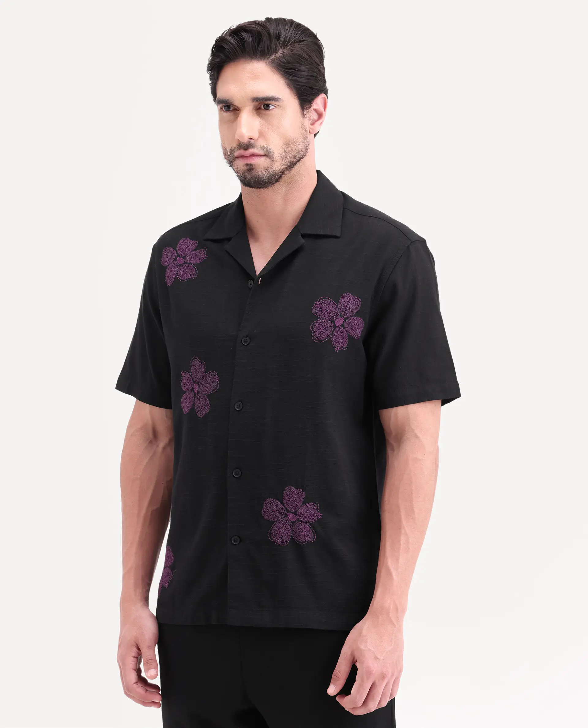 Rare Rabbit Men's Waxi Black Cotton Blend Fabric Half Sleeve Cuban Collar Relaxed Fit Embroidered Shirt - Image 5
